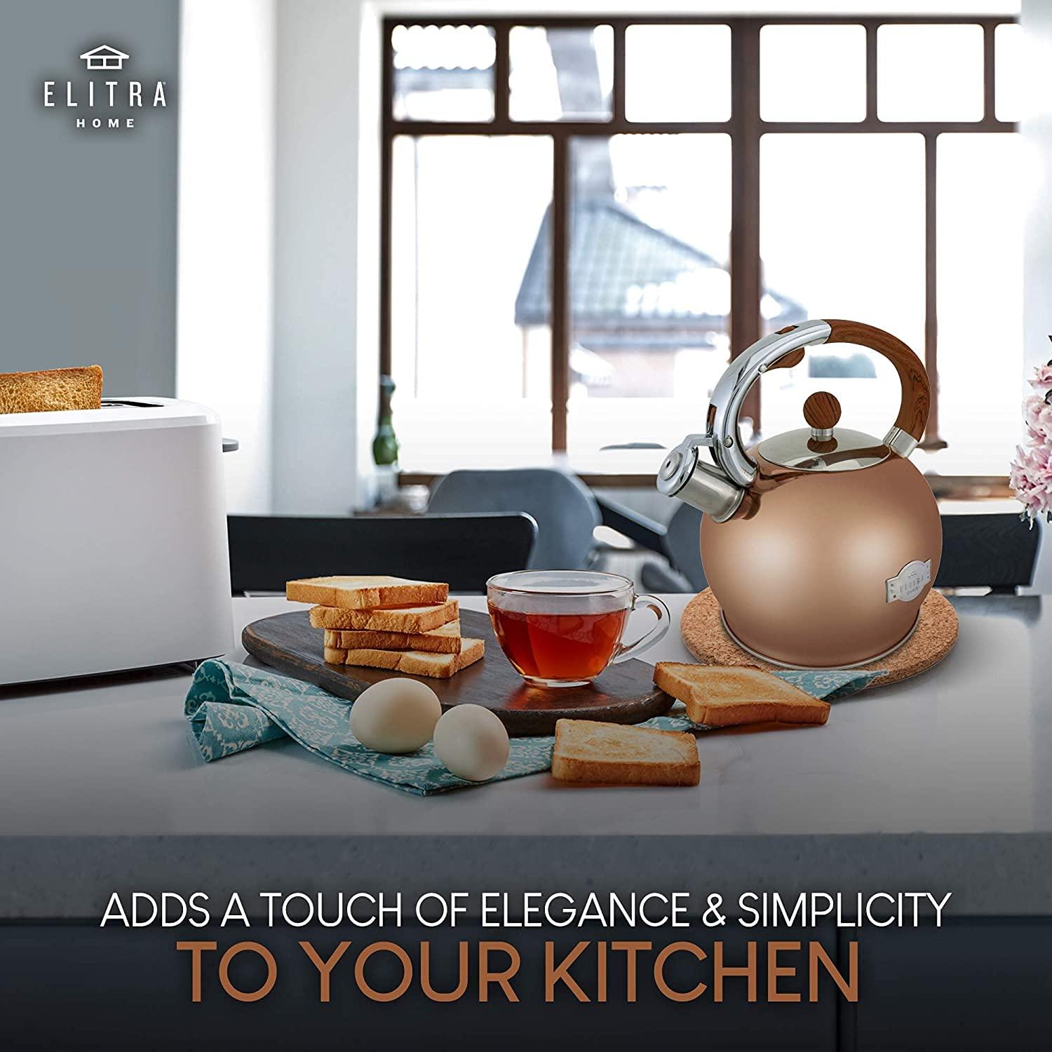 Elitra Stove Top Whistling Fancy Kettle - Stainless Steel Tea Pot with Ergonomic Handle - 2.7 Qt / 2.6 L - Rose Gold