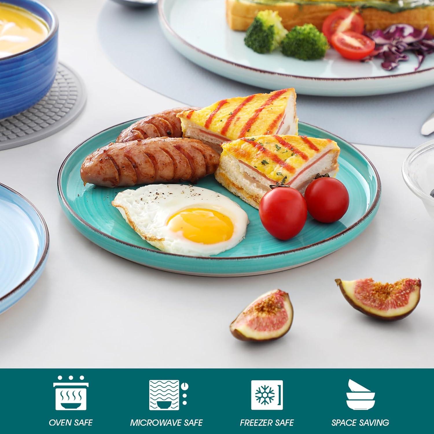 Bonita Blue Dinnerware Sets, Plates and Bowls Set for 4, 12 Pieces Stoneware Dinnerware Set, Dishwasher and Microwave Safe