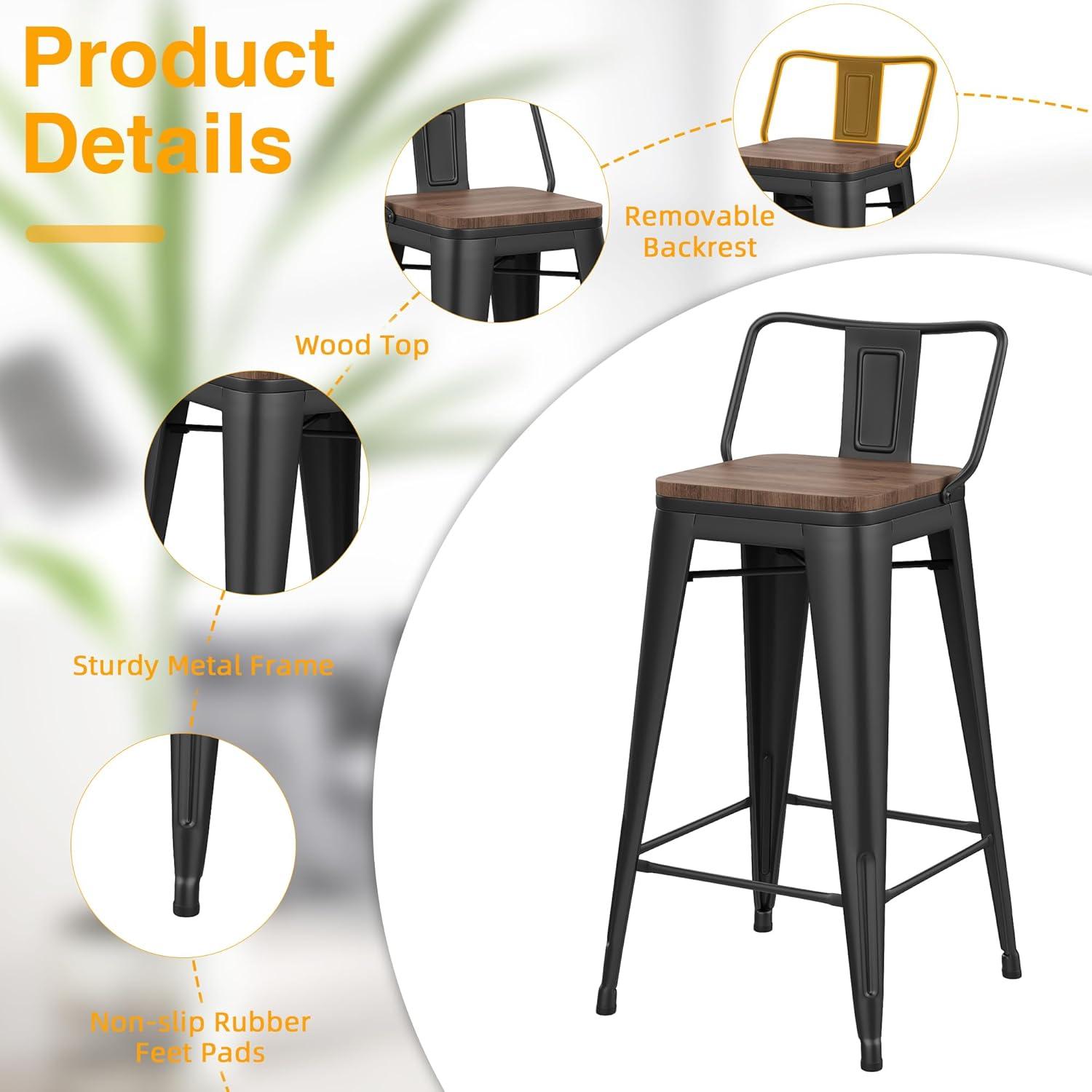 Killeryuki 24'' Metal Bar Stool 4PCS Low Back Conuter Stools for Indoor/Outdoor Barstools Metal Black Stools Bar Chairs w/Wooden Seat Metal Leg Industrial Counter Height Stools Black