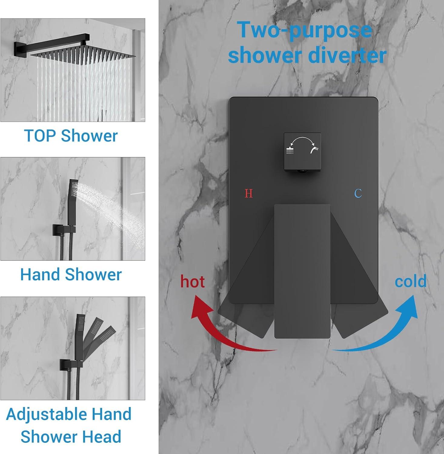Bathroom Shower Faucet Set, 12 Inch Rainfall Shower Head With Handheld Combo, Wall Mounted Shower System Shower Fixtures With Pressure-Balanced Valve,