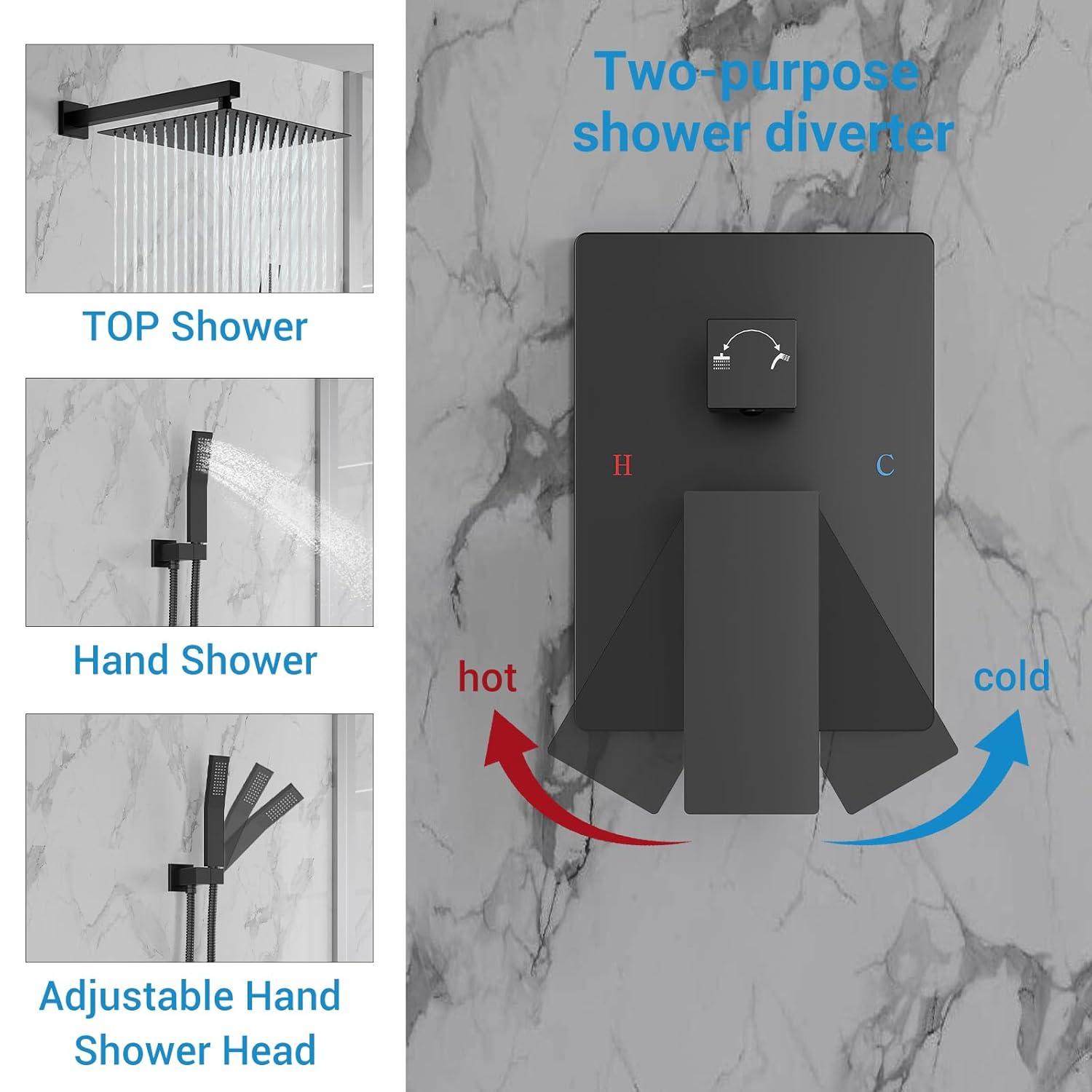 Bathroom Shower Faucet Set, 12 Inch Rainfall Shower Head With Handheld Combo, Wall Mounted Shower System Shower Fixtures With Pressure-Balanced Valve,
