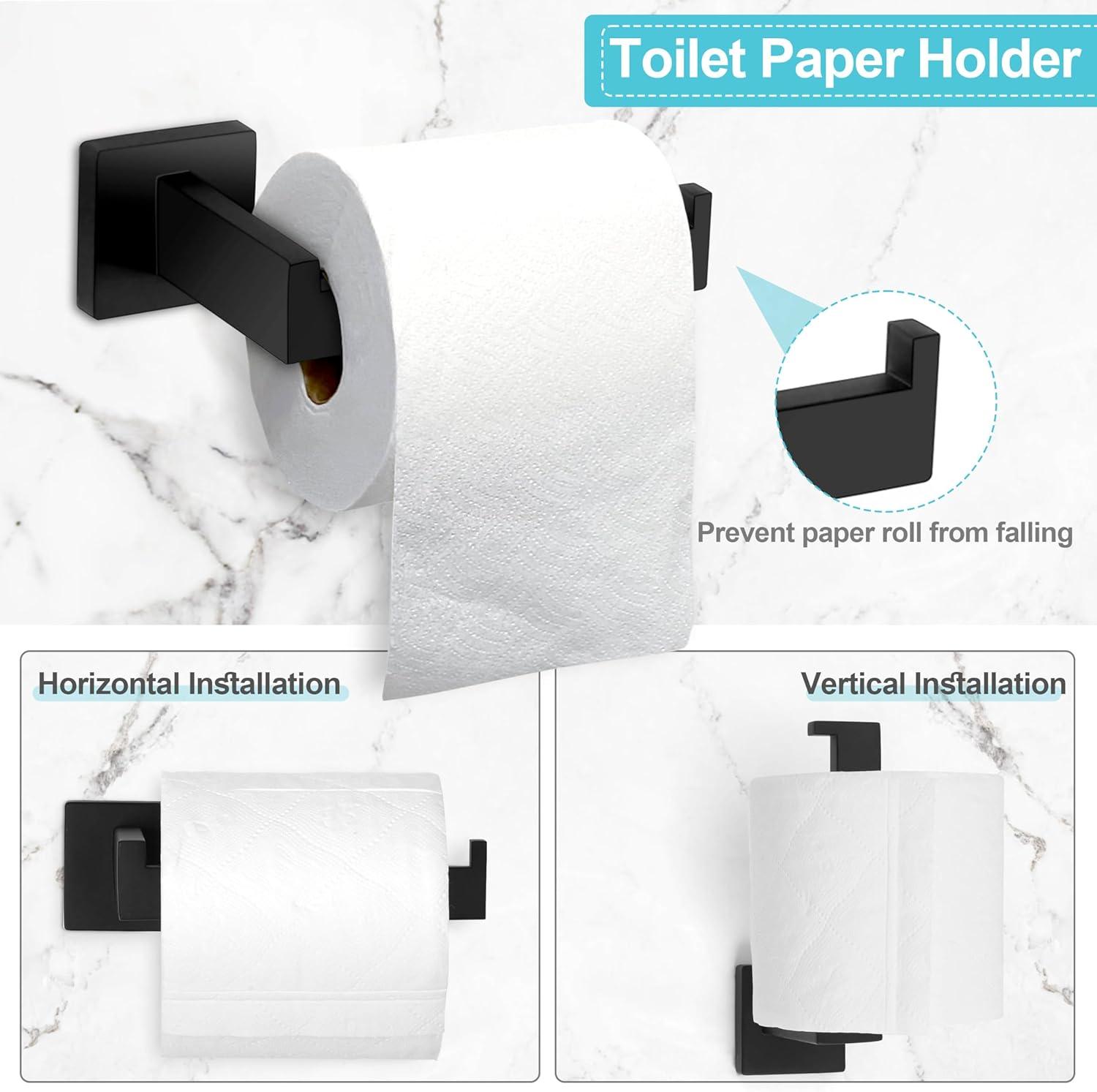 5 Pieces Square Matte Black Stainless Steel Bathroom Accessories Set Include 23.6 in Towel Bar, Toilet Paper Holder, Towel Ring, 2 Robe Towel Hooks