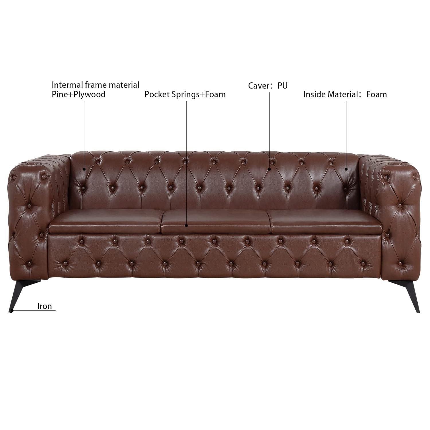 QHITTY Chesterfield Tufted Sofa, Leather Couch Accent Upholstered 3 Seater Button Sofa with Tufted Back for Living Room Bedroom Furniture (Dark Brown)