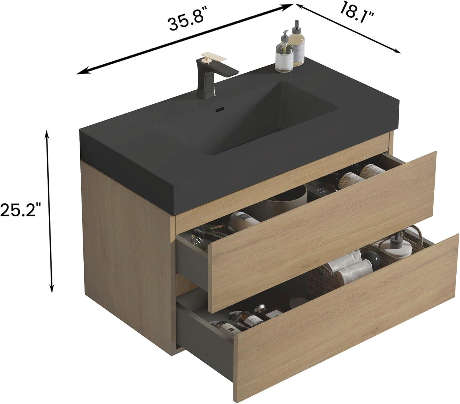 Little Tulip 36" Floating Bathroom Vanity with Black Sink, Modern Bathroom Cabinet with 2 Drawers, Natural Oak