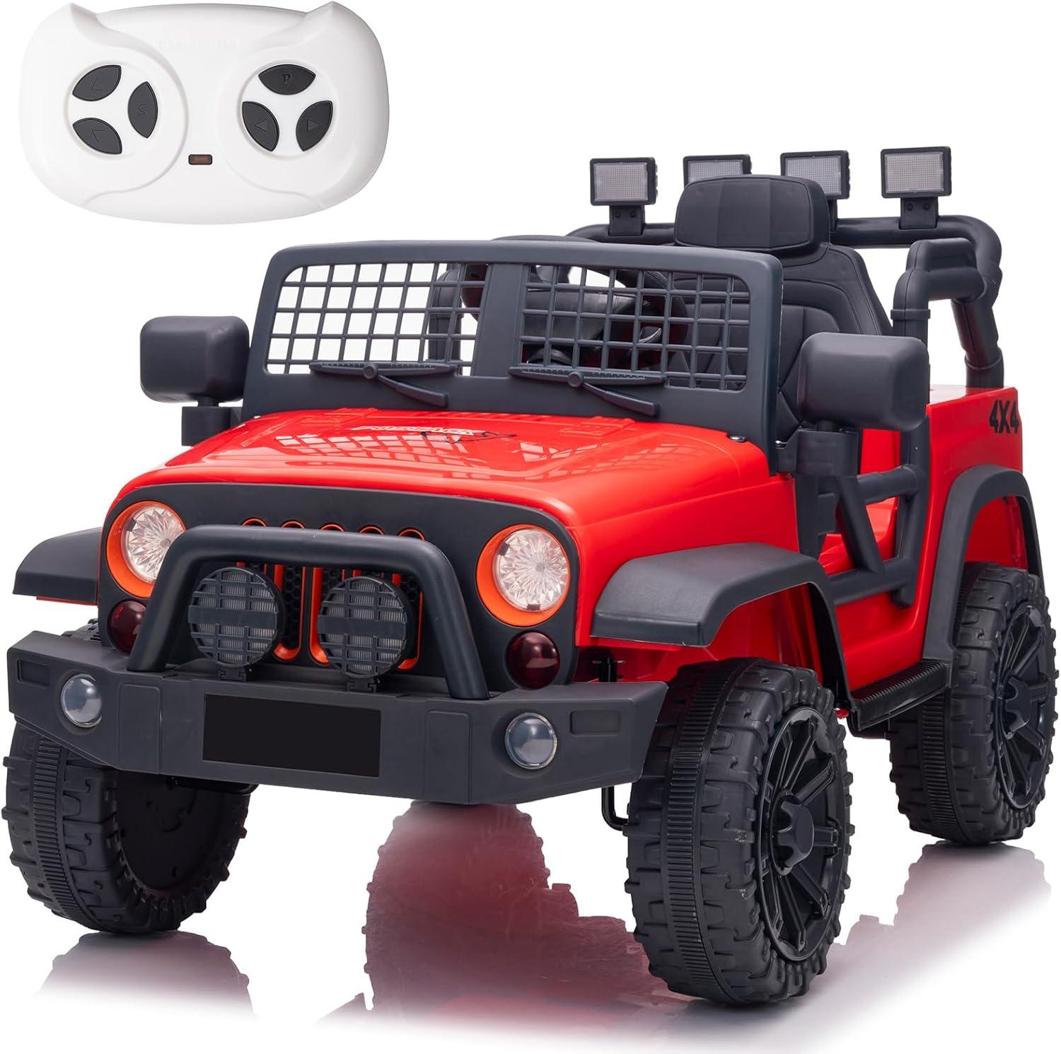 FINITO 24V Kids Ride On Car 2-Seater Jeep 4WD Electric Toy Car 4 Wheels Battery Powered Truck with Remote Control Bluetooth Music Player Gift for Boys Girls Age 3+, Red