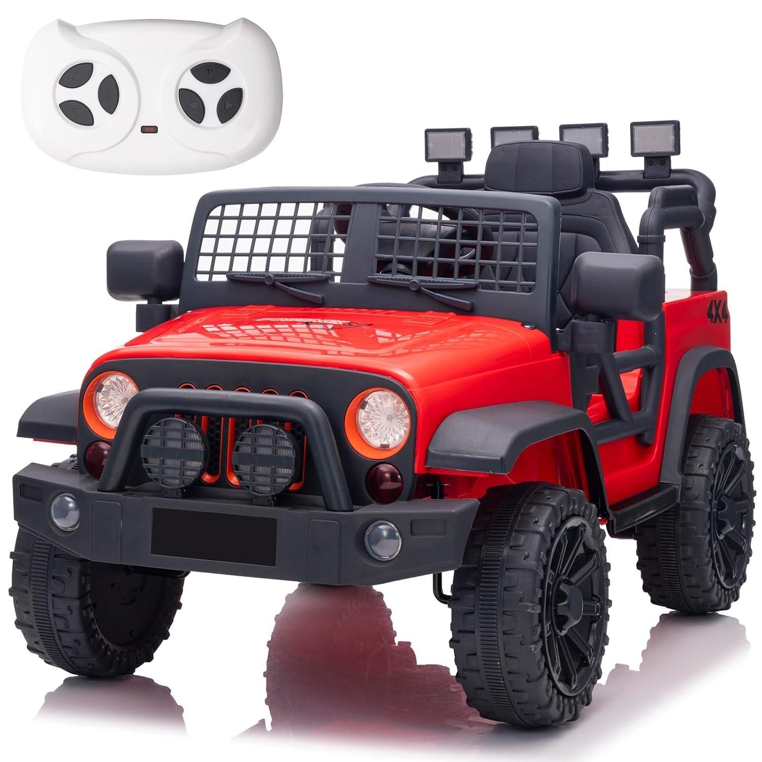 FINITO 24V Kids Ride On Car 2-Seater Jeep 4WD Electric Toy Car 4 Wheels Battery Powered Truck with Remote Control Bluetooth Music Player Gift for Boys Girls Age 3+, Red