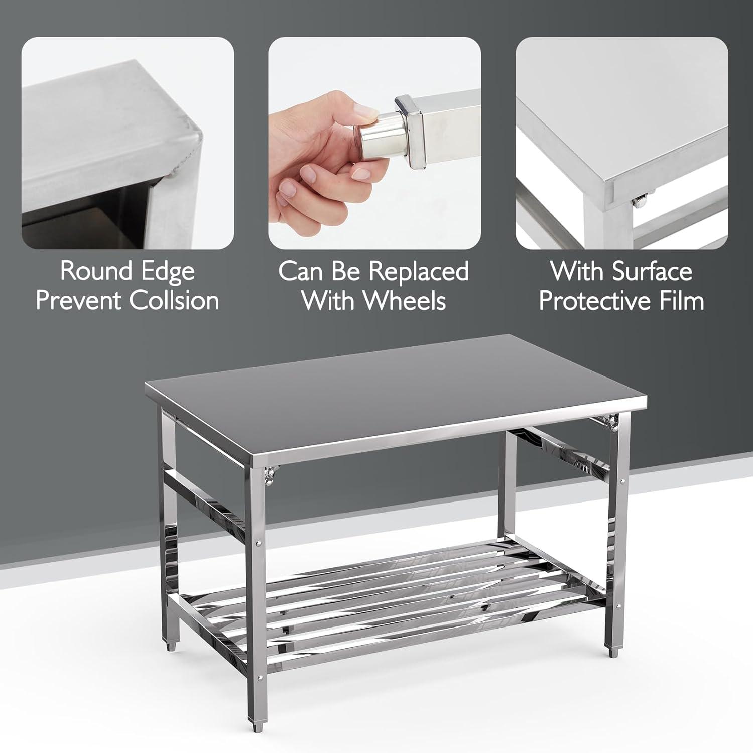 30 x 48 Inch Polished Stainless Steel Folding Work Table with Adjustable Undershelf