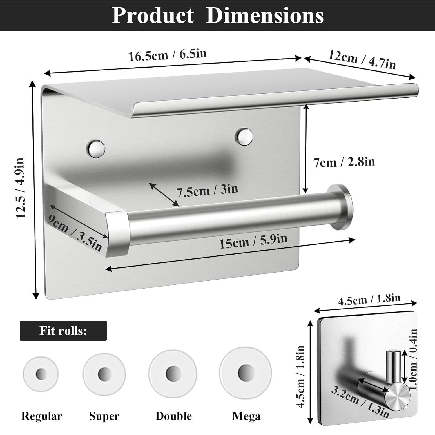 Tindbea Mega Size Toilet Paper Holder with Shelf + Towel Robe Hooks, Adhesive or Screw Wall Mounted Toilet Paper Roll Holder, Stainless Steel Bathroom Hardware Set (Brushed Nickel)