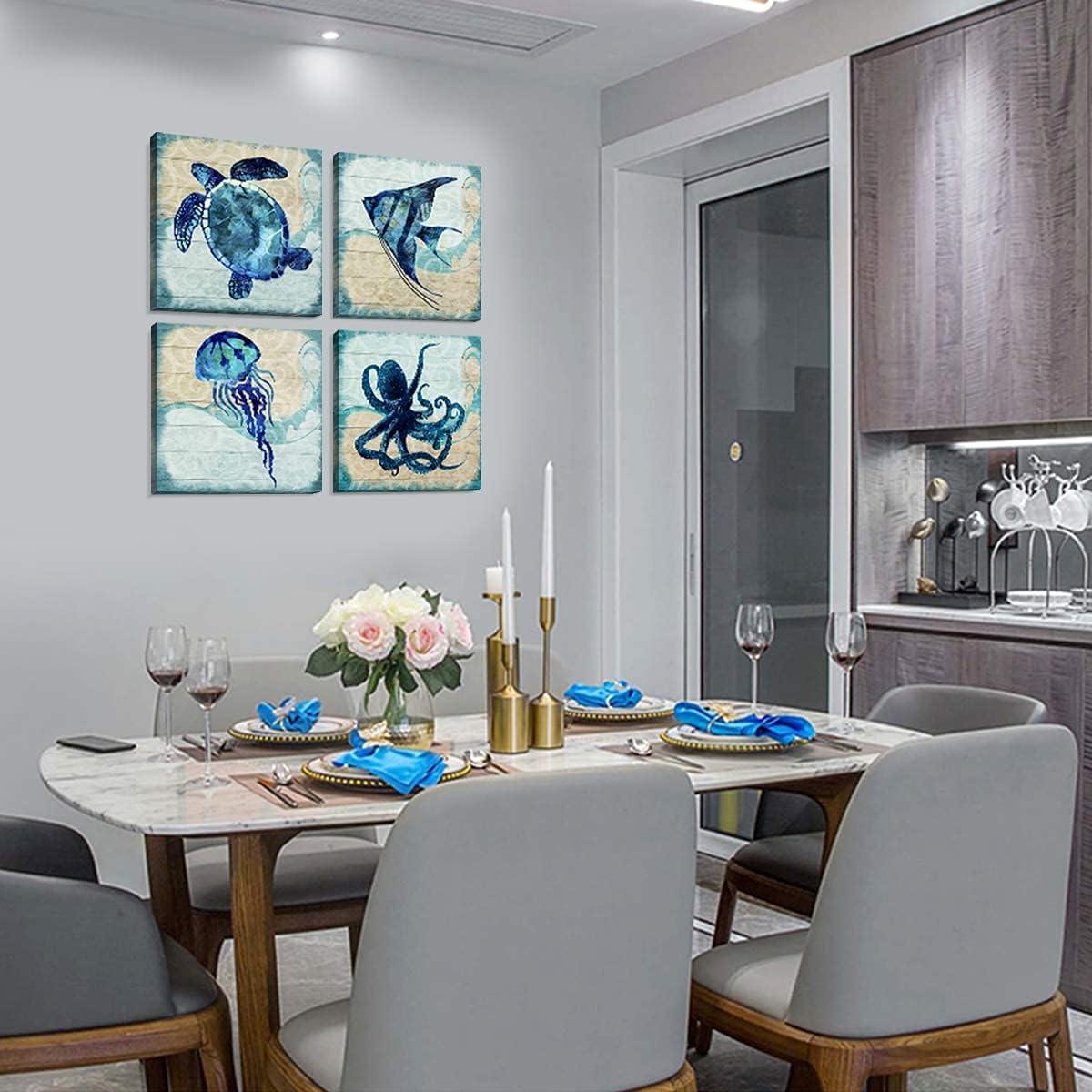 Navy Blue Bathroom Beach Decor Ocean Animals Wall Art Kids Nursery Room Paintings Canvas Rustic Sea Turtle Octopus Jellyfish Fish Pictures Artwork for Bedroom Living Room Home Decorations 16x16” 4Pcs