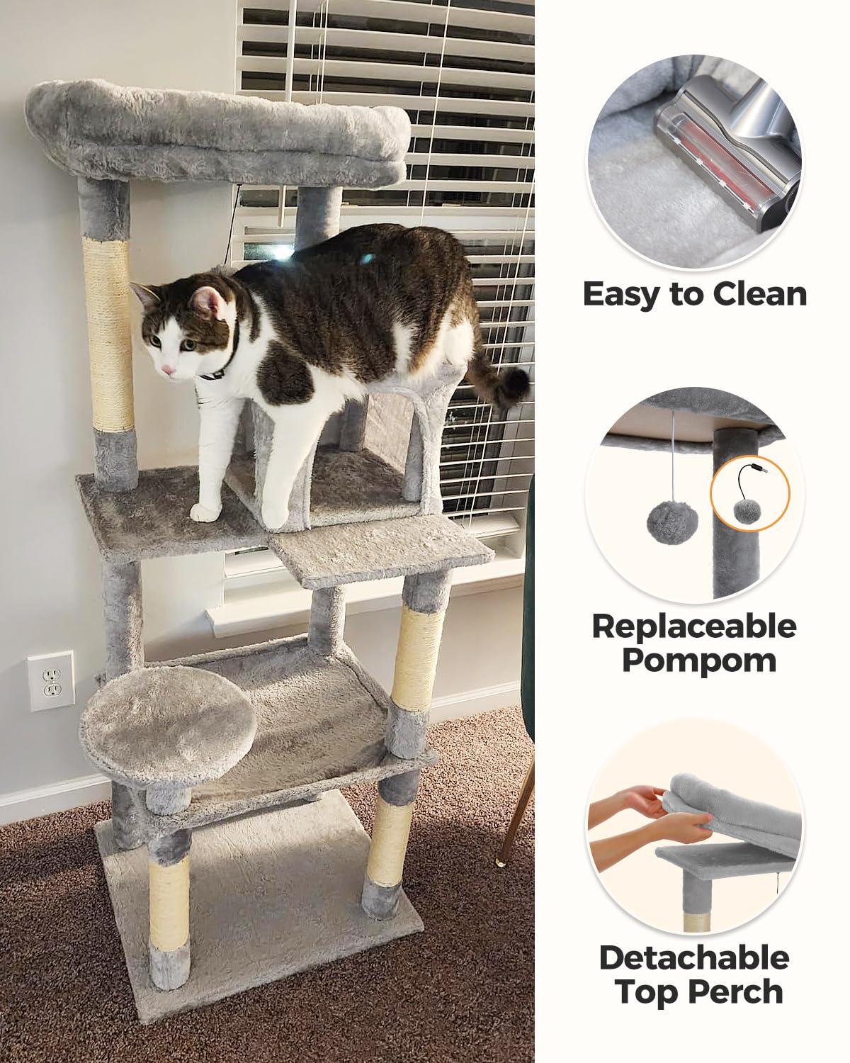 56.3" Indoor Multi-Level Tall Cat Tower With Large Hammock, Scratching Posts, Cozy Condo And Top Perch