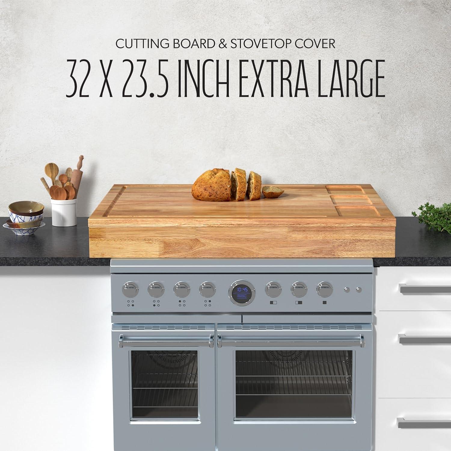 32x23.5inches Extra Large Solid Wooden Cutting Board and Stovetop Cover, 2 in 1 Stove Top Cover Chopping Board with Detachable Legs and Juice Groove, Sink Cover Board for Restaurant Kitchen Countertop
