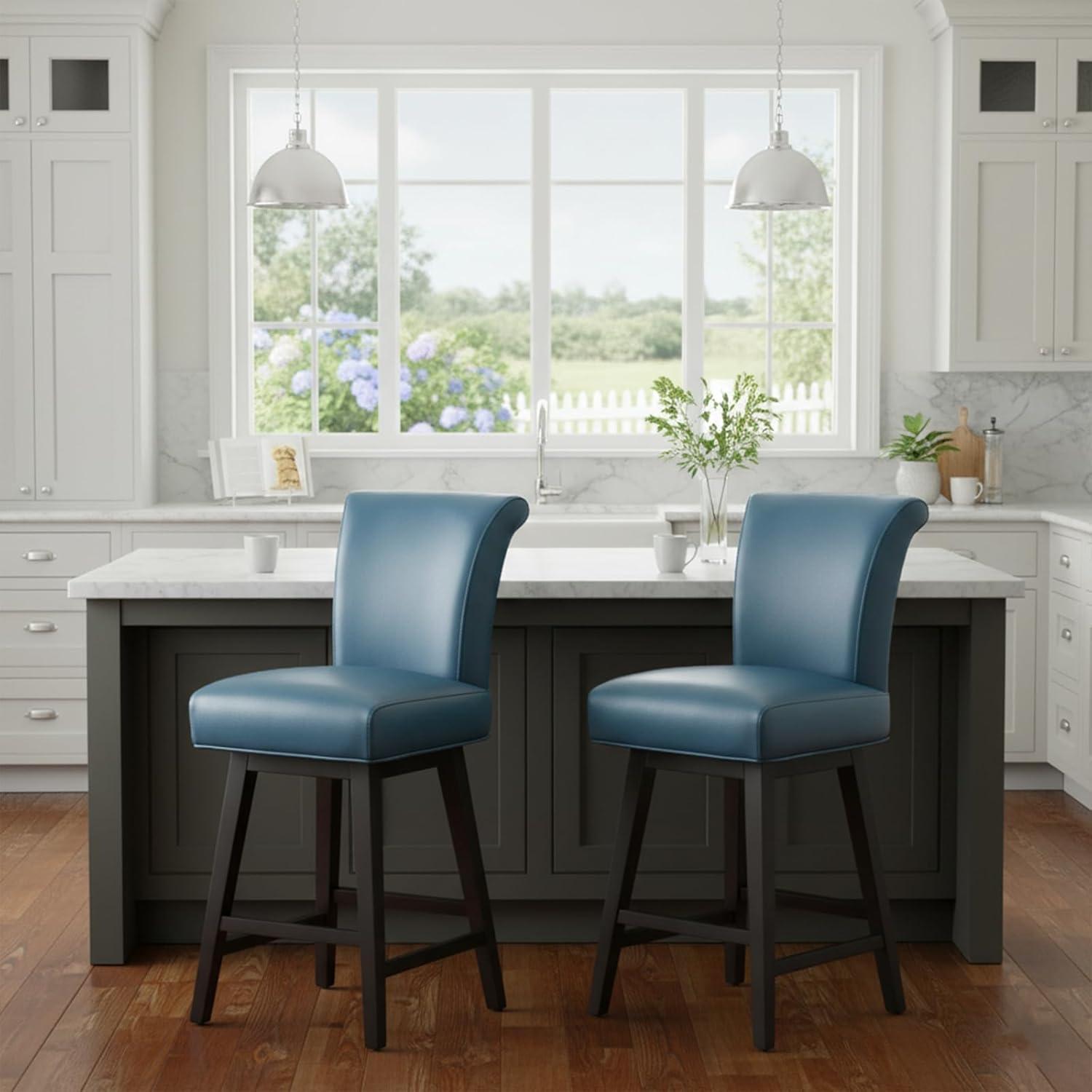 Swivel Bar Stools Set of 2 with Thicker Wood Legs,26" Counter Height Bar Stools,Faux Leather,Blue