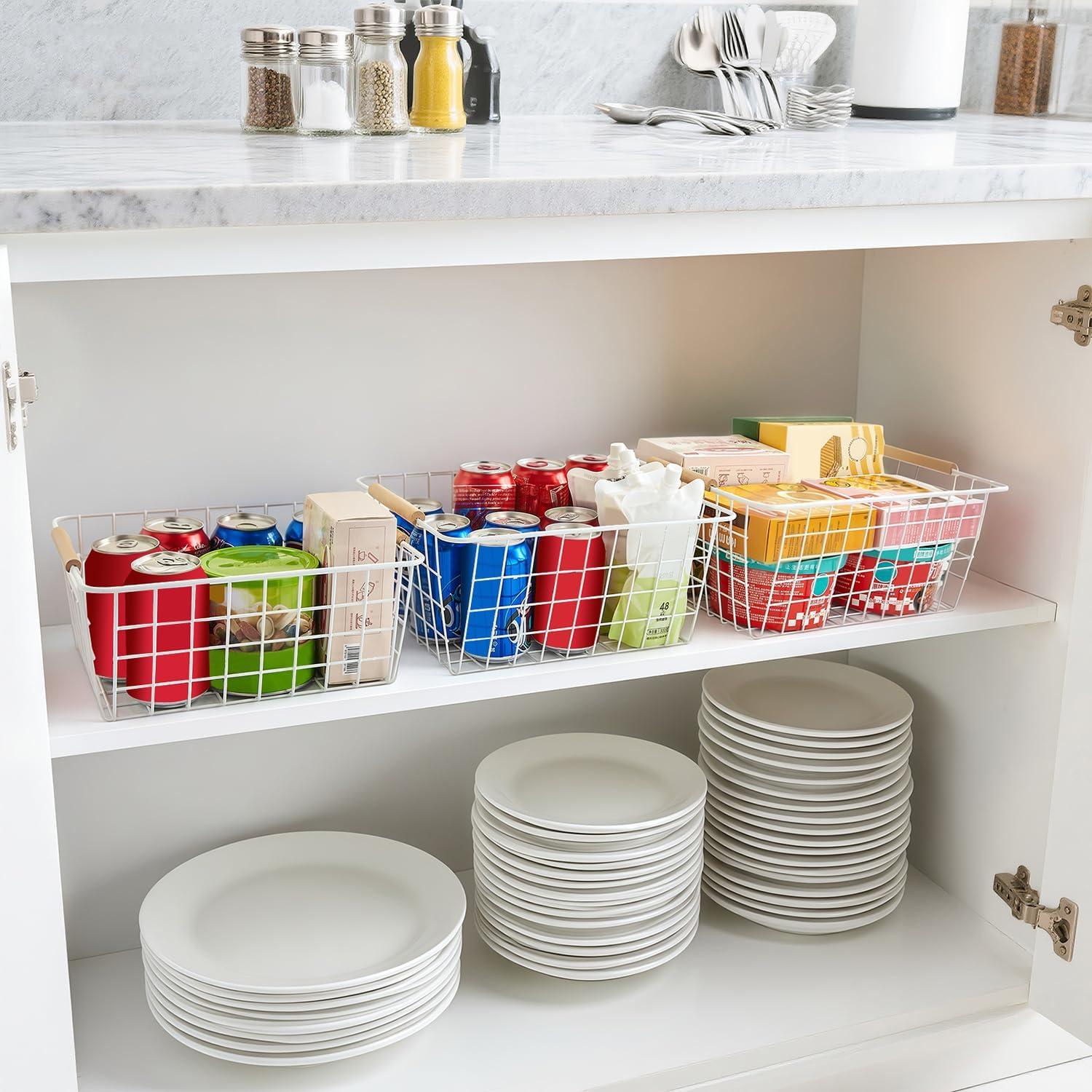 Wire Basket 2 Pcs Wire Storage Baskets Wire Baskets Organizing with Wooden Handles Wire Basket Pantry Organization and Storage Metal Wire Food Storage Basket for Kitchen, Cabinets (White 2PCS)