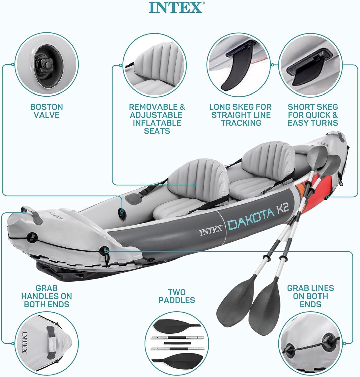 Intex Dakota K2 2 Person Inflatable Vinyl Kayak and Accessory Kit with 86 Inch Oars, Air Pump, and Carry Bag for Lakes and Rivers, Gray and Red