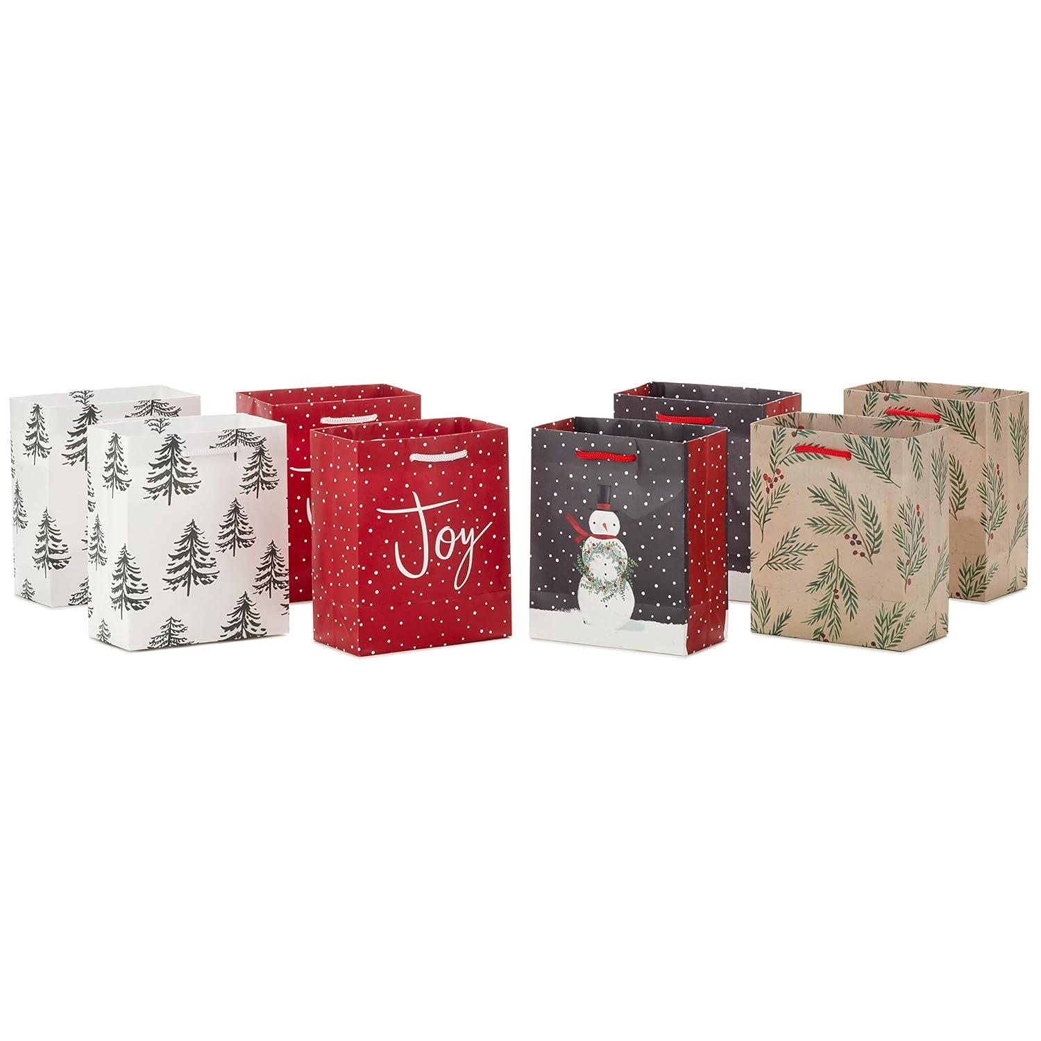 Hallmark 6" Small Holiday Gift Bags (8 Bags: Winter Foliage, Rustic Snowman, "Joy" on Red, Black and White Trees)