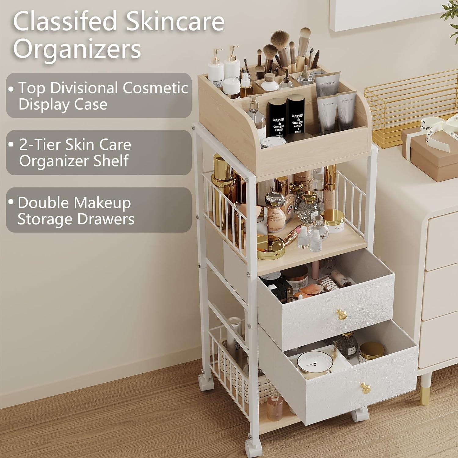 Makeup Organizer Cart with Drawers, Floor Skin Care Organizers, Rolling Bathroom Make Up Organizers and Storage, Vanity Organizer Cosmetics Display for Nail Polish Perfume Makeup Brush(White)