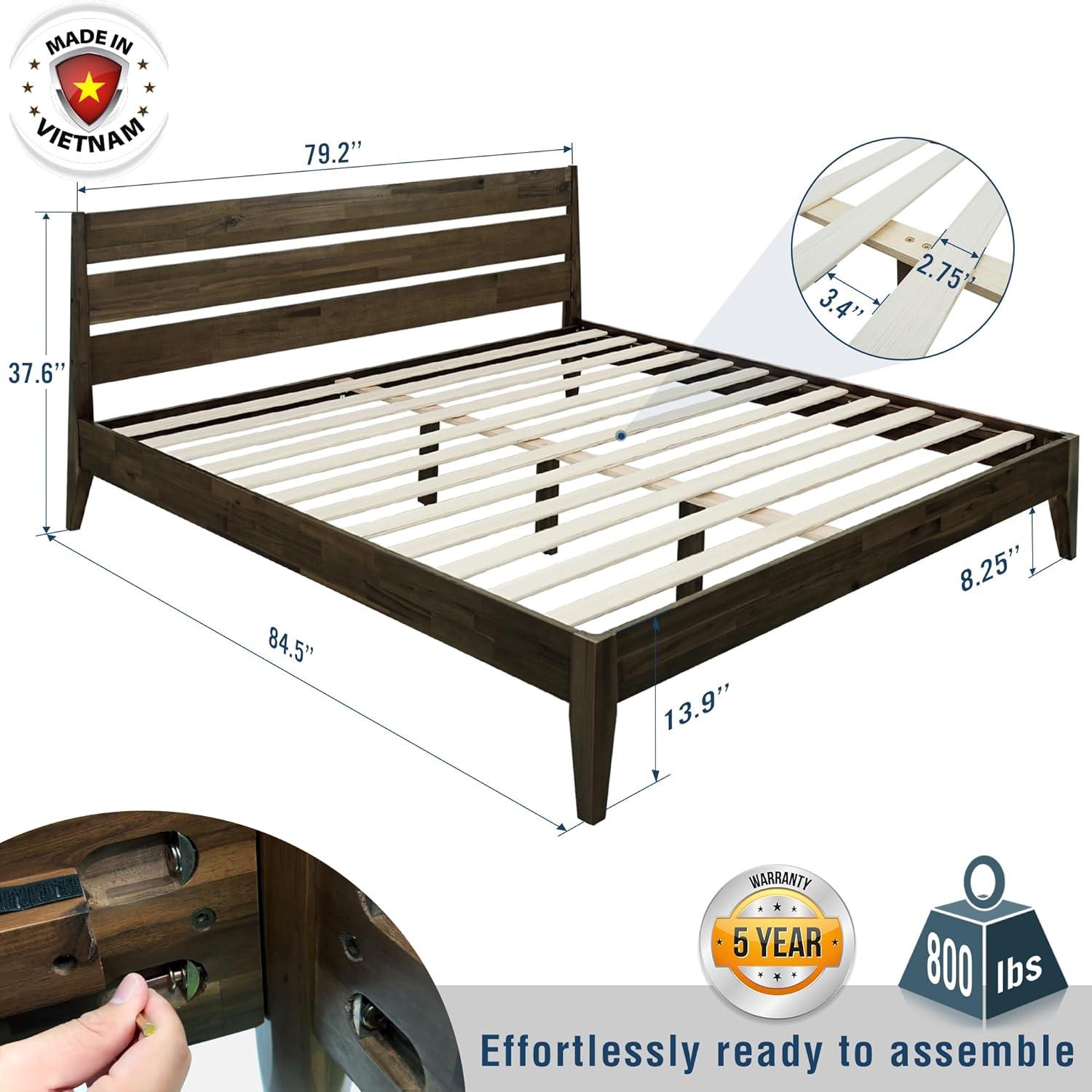 Acacia Acacia Bed Frame with Headboard Solid Wood Platform Bed