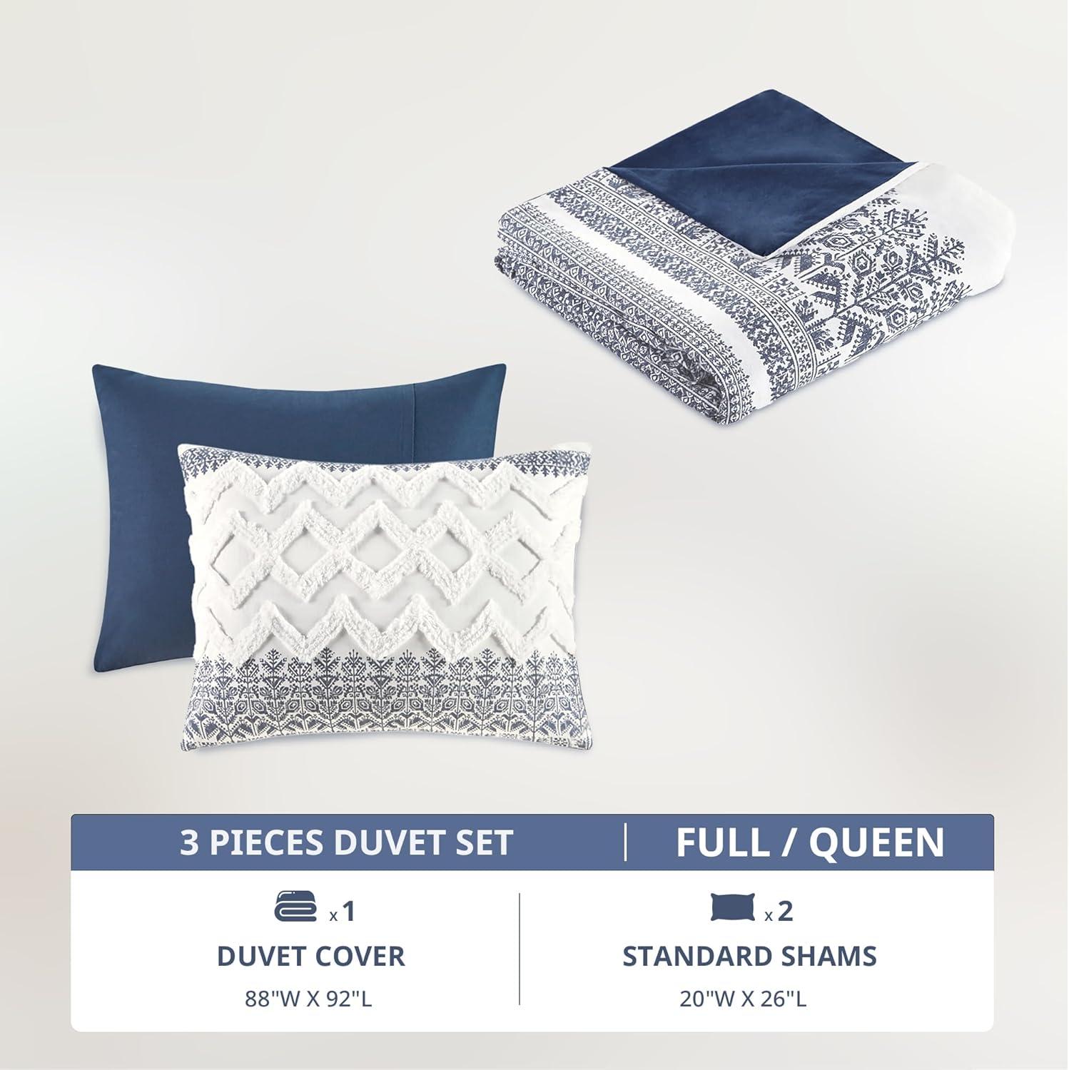 3pc Full/Queen Mila Cotton Duvet Cover Set with Chenille Tufting Navy - Ink+Ivy: Botanical Pattern, OEKO-TEX Certified