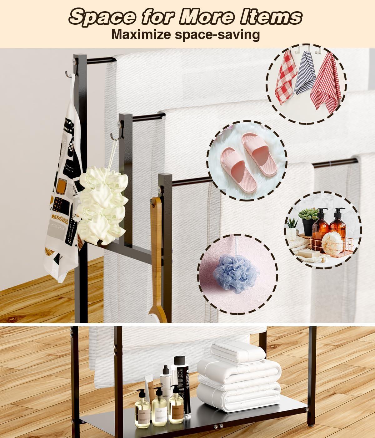 44" High Freestanding Towel Rack with 6 Bathroom Hooks