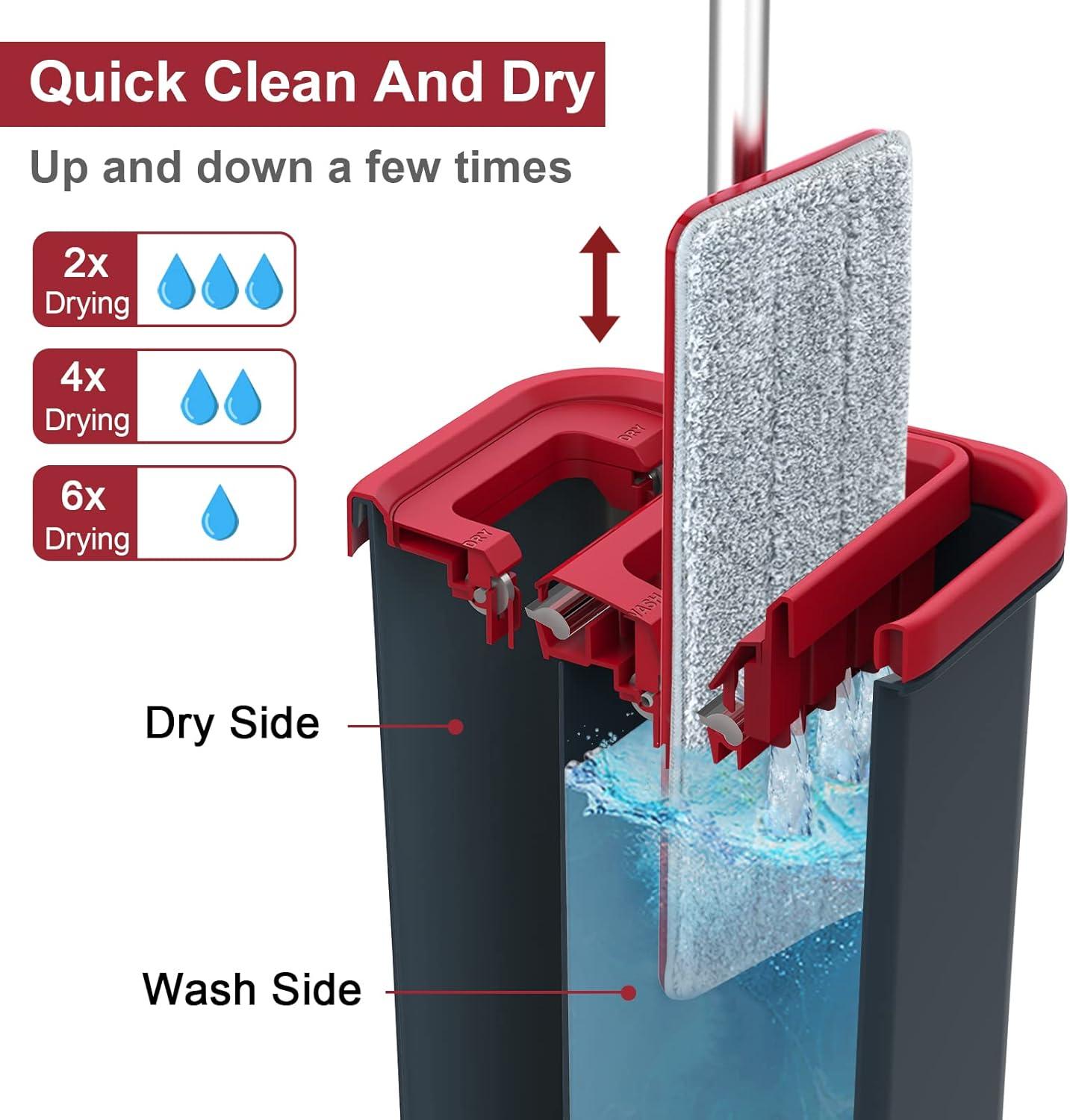 BOSHENG Hands-Free Mop and Bucket Set with 3 Washable Pads, Wet/Dry Floor Cleaning System, Red/Black