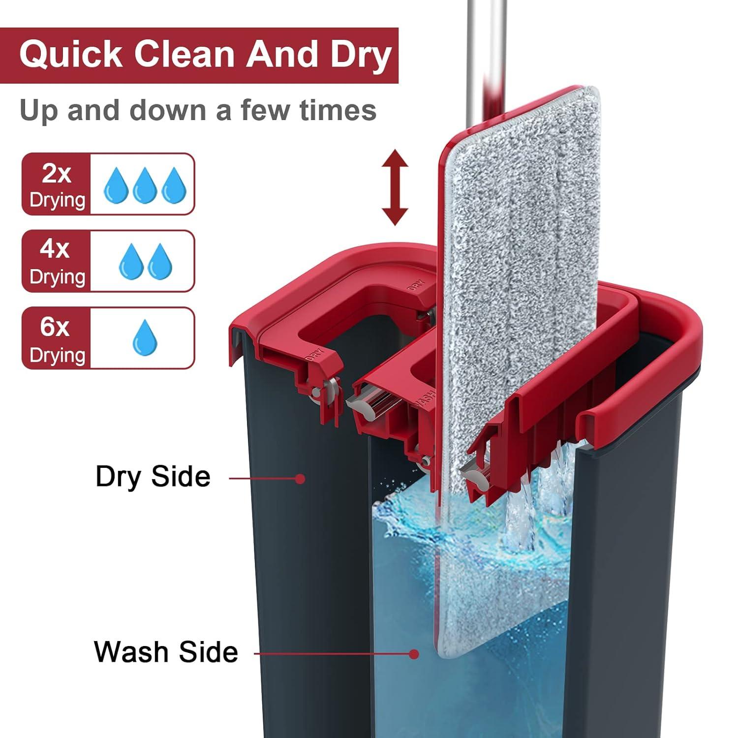 BOSHENG Hands-Free Mop and Bucket Set with 3 Washable Pads, Wet/Dry Floor Cleaning System, Red/Black
