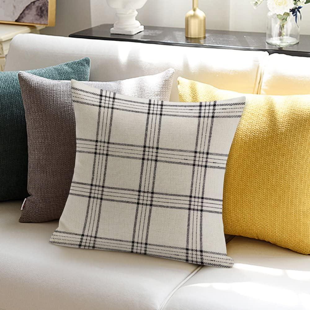 Natural and Black Plaid Cotton Throw Pillow Cover 18x18 Inch