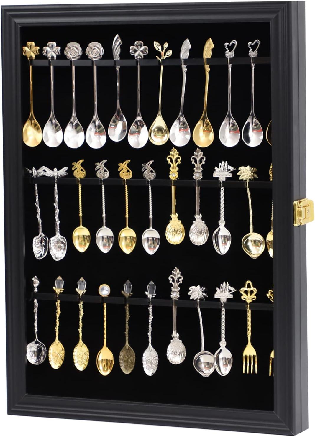 36 Souvenir Tea Spoon Display Case Collection Collector Rack Wall Mount Wooden w/98% UV Acrylic Door Lockable（Black）