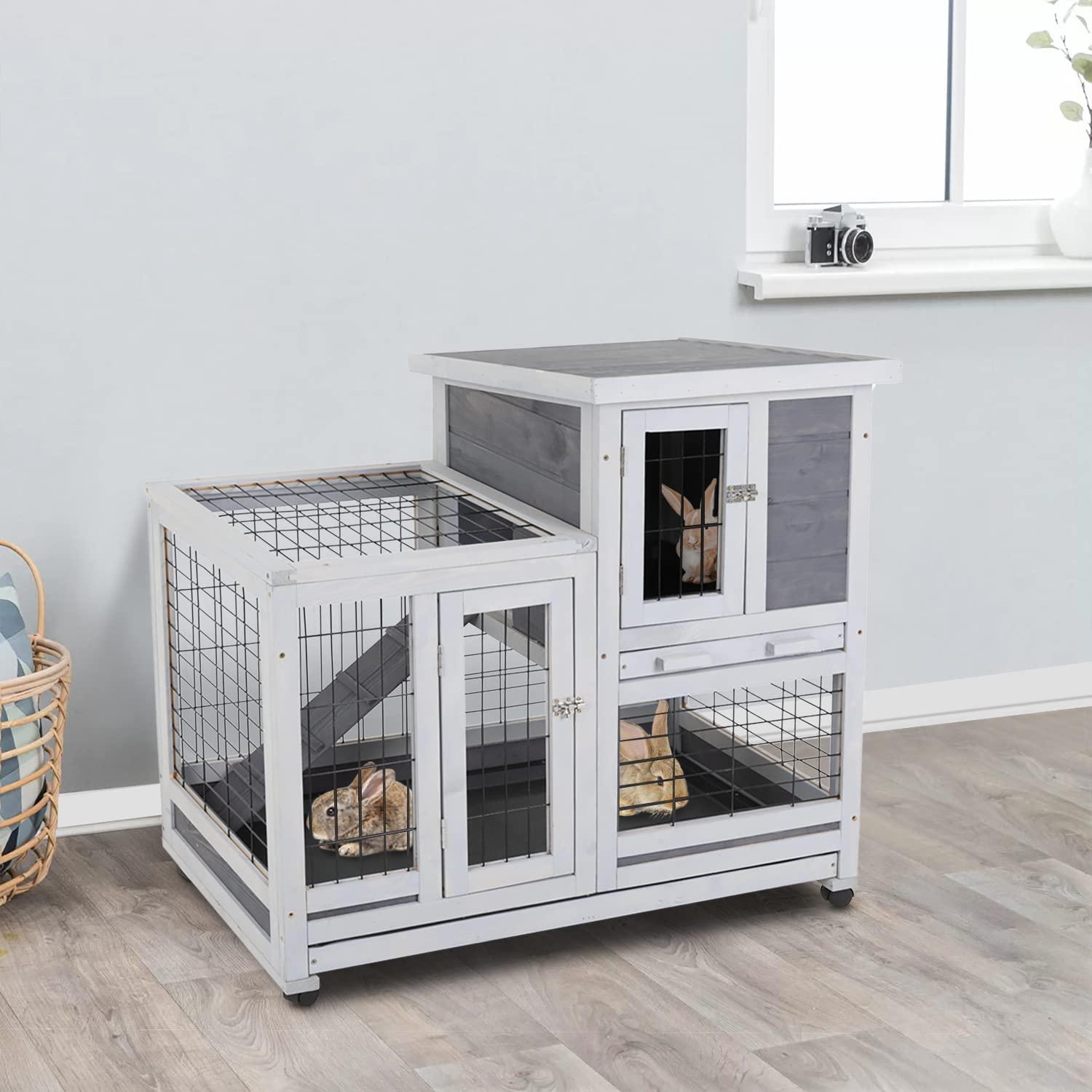 BestPet Rabbit Cage Wooden Rabbit Hutch Two Layers Chicken Coop Outdoor Indoor Guinea Pig Cage Bunny Cage Waterproof Roof Bunny Hutch with Casters and Tray