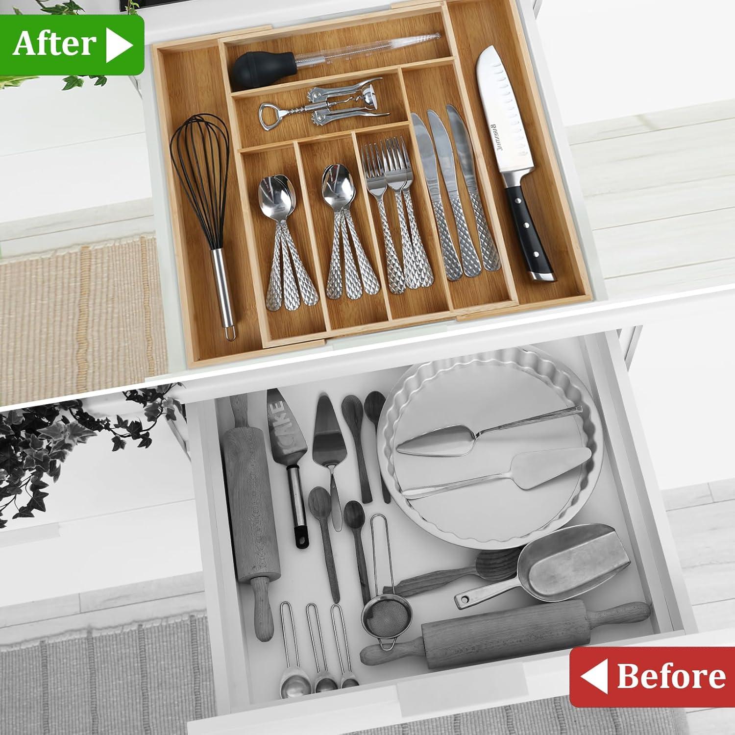 Kitchentrend Bamboo Expandable Drawer Organizer 6-8 Slot Kitchen Organizer Utensil Tray for Drawers 19.3x17.52x2.2 Inches