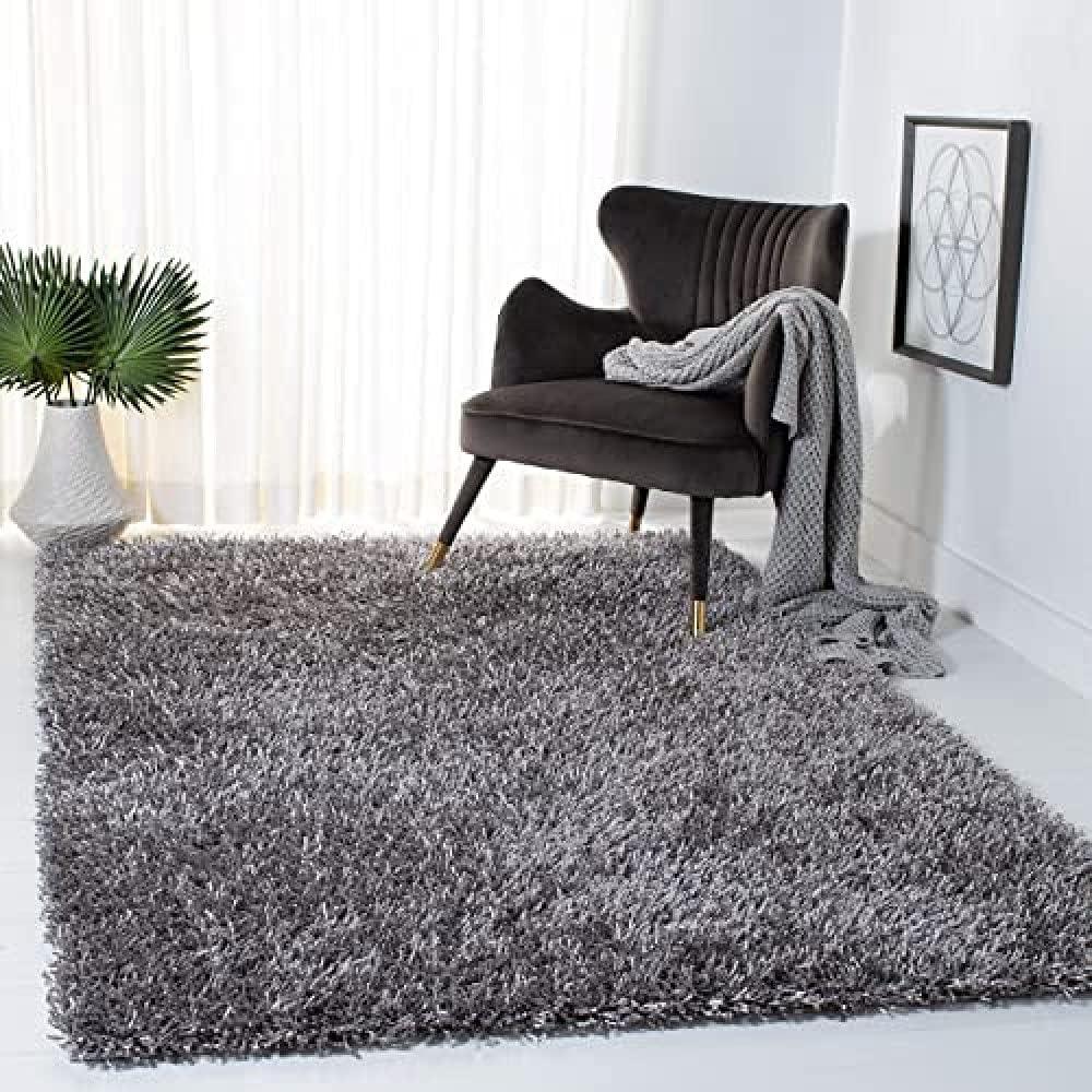 Luxurious Grey Shag Hand-Tufted Area Rug, 6' x 9', Synthetic