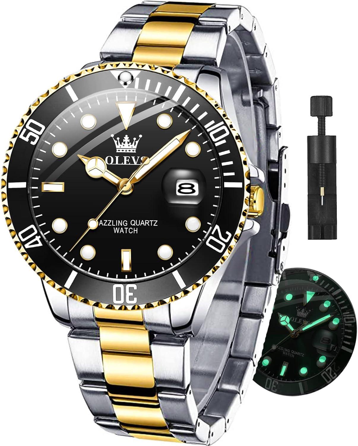 OLEVS Men Watch,Big Dial Watches for Men Stainless Steel Watch with Day Waterproof Analog Quartz Watches for Man Classic Business Wristwatch Luxury Luminous Round for Men Rotatable Bezel Watch