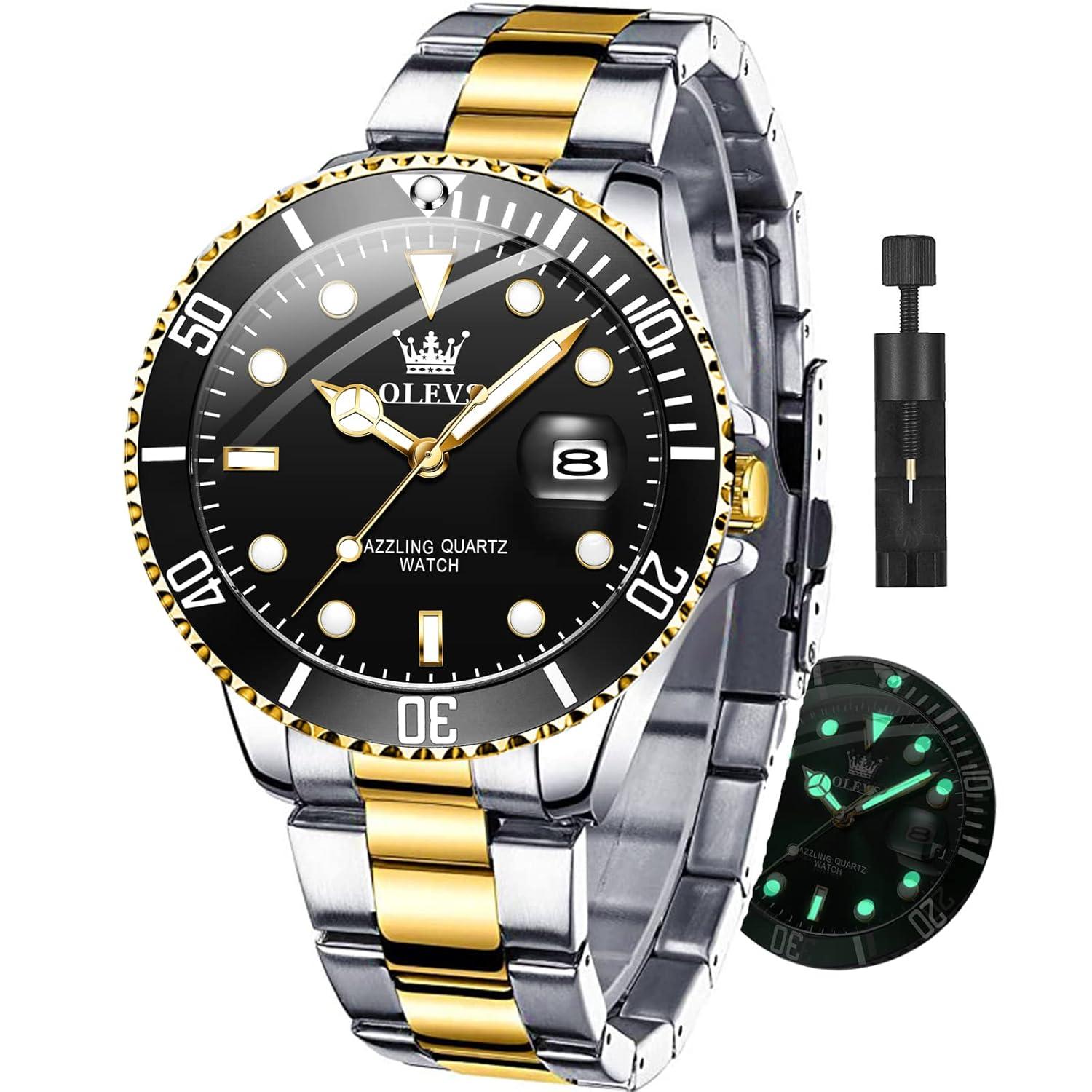 OLEVS Men Watch,Big Dial Watches for Men Stainless Steel Watch with Day Waterproof Analog Quartz Watches for Man Classic Business Wristwatch Luxury Luminous Round for Men Rotatable Bezel Watch