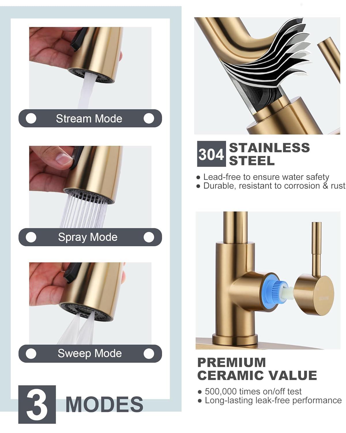 FashionSecretsLLC Kitchen Faucet and Water Filter Faucet Combo, WOWOW Stainless Steel Kitchen Sink Faucet with Drinking Water Faucet for Reverse Osmosis or Water Filtration System, Brushed Gold Sinkfaucet-BG-025