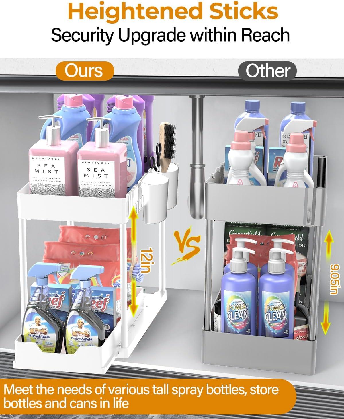 DILEASIR 2 Pack Kitchen Under Sink Organizer, with Hooks, Hanging Cup, for Bathroom, Laundry room, White