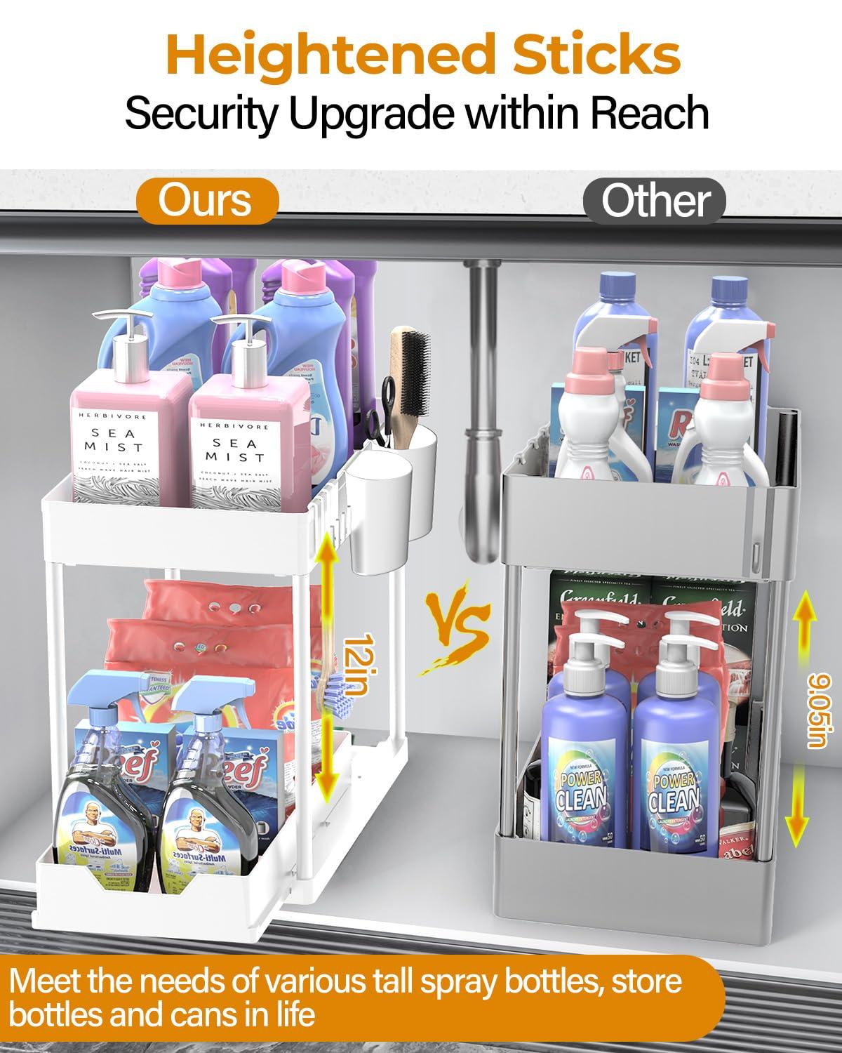 DILEASIR 2 Pack Kitchen Under Sink Organizer, with Hooks, Hanging Cup, for Bathroom, Laundry room, White