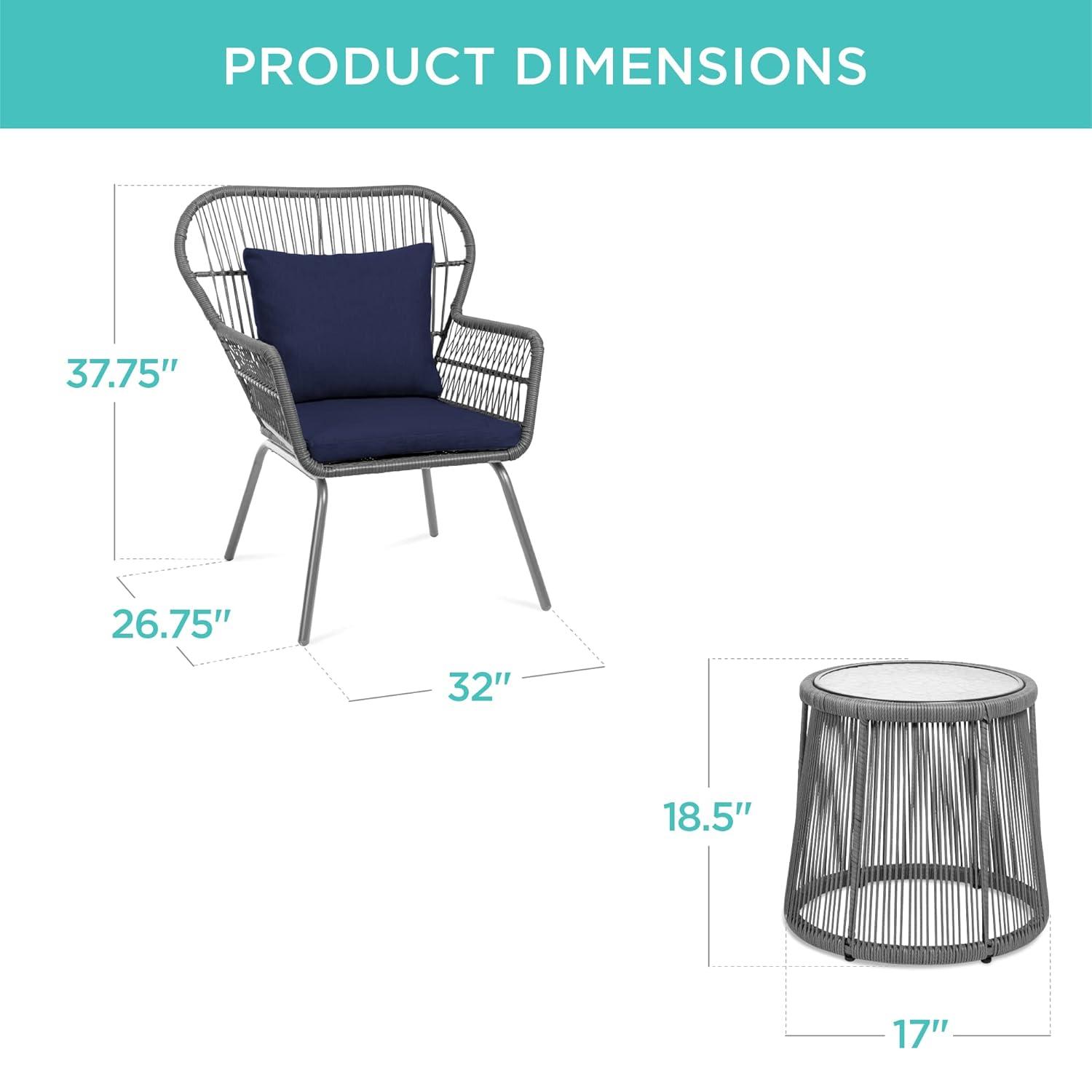 Best Choice Products 3-Piece Patio Conversation Bistro Set, Outdoor Wicker w/ 2 Chairs, Cushions, Side Table - Gray/Navy