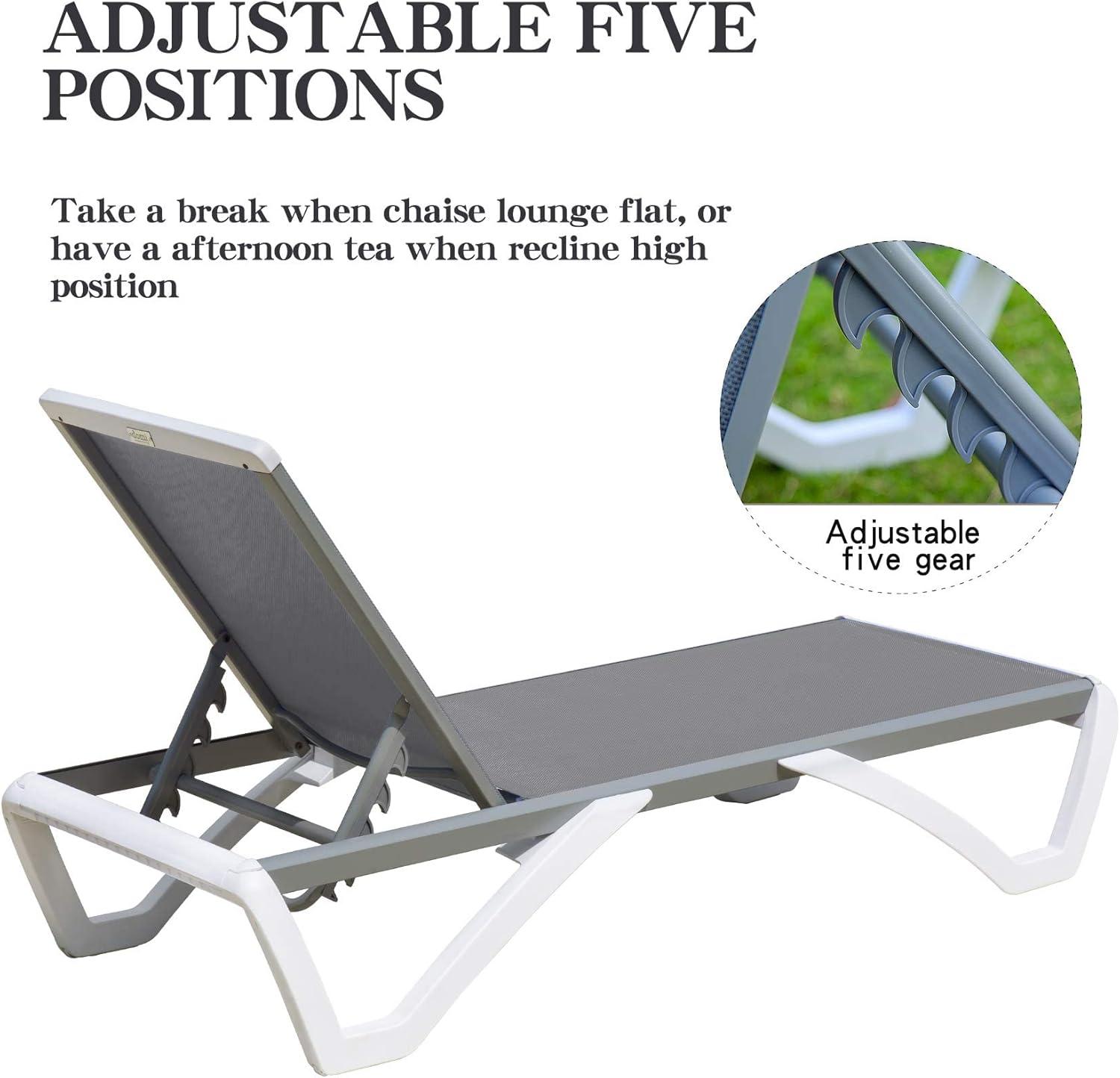Domi Pool Lounge Chair Aluminum Adjustable Outdoor Chaise Lounge,All Weather Plastic Poolside Lounge Chair for Deck Lawn Backyard, Gray Textilene
