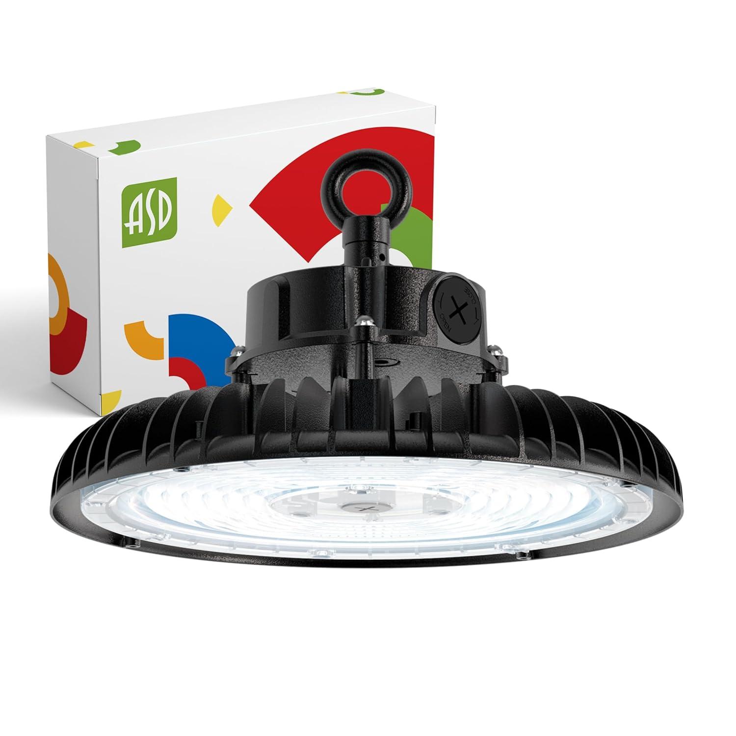 ASD LED High Bay UFO Light Fixture, Commercial Shop Lighting | Dimmable, IP69K Waterproof, DLC Premium, UL Listed | 150W 23000LM 5000K 100-277V | Warehouse, Garage, Workshop, Barn Lamp | Black