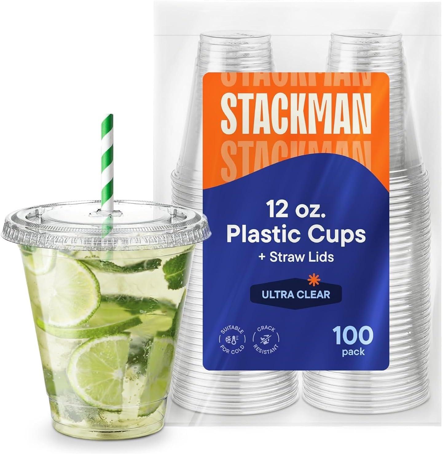 Stack Man Clear Plastic Cups with Lids 12 oz [100 Sets] Disposable Iced Coffee Cups with Straw Lids