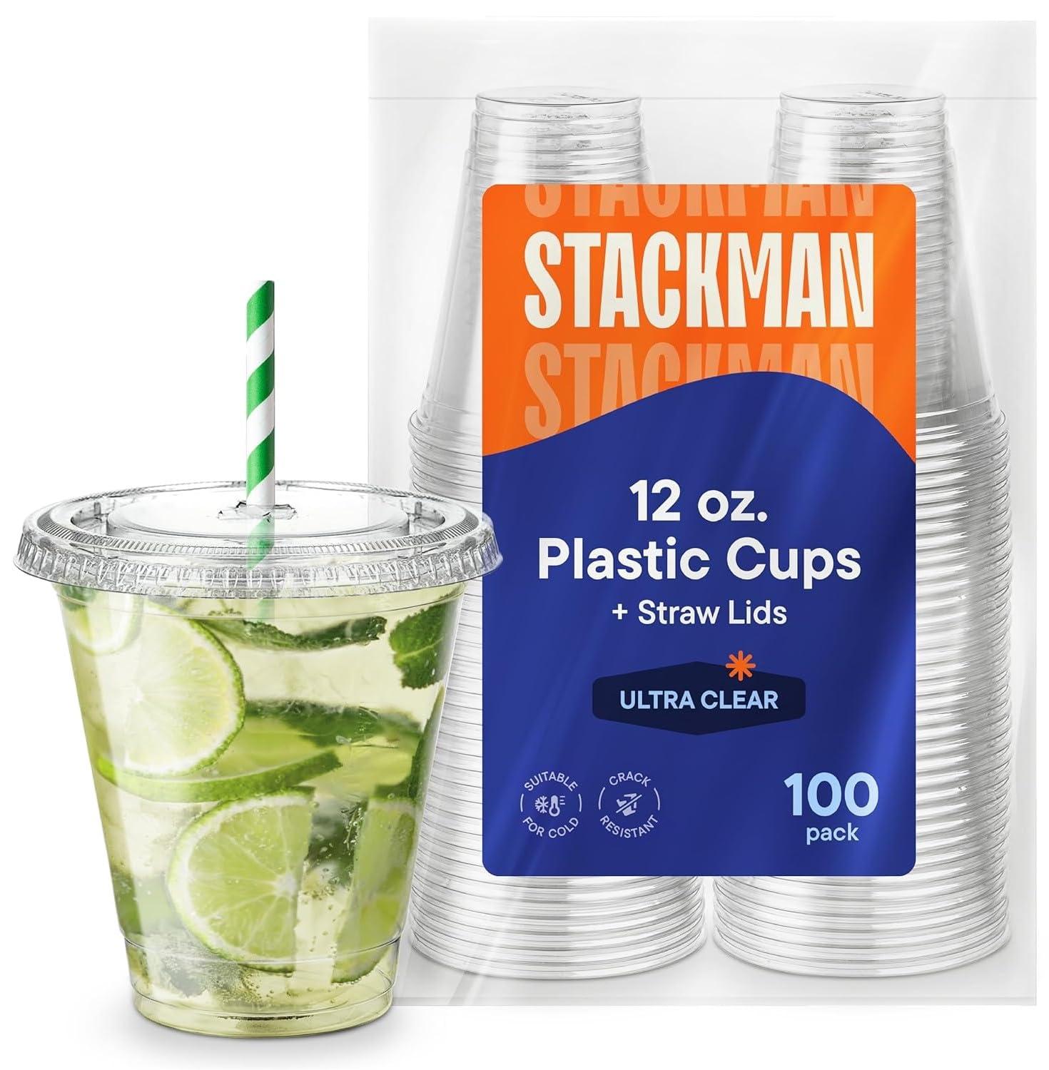 Stack Man Clear Plastic Cups with Lids 12 oz [100 Sets] Disposable Iced Coffee Cups with Straw Lids