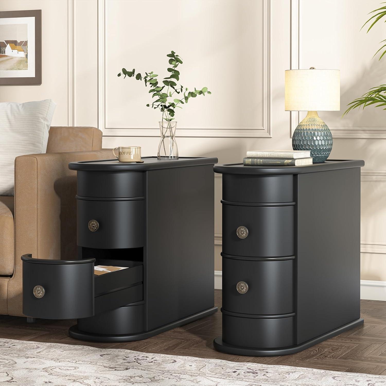 Hommoo Wood Narrow Nightstand with 2 Drawers