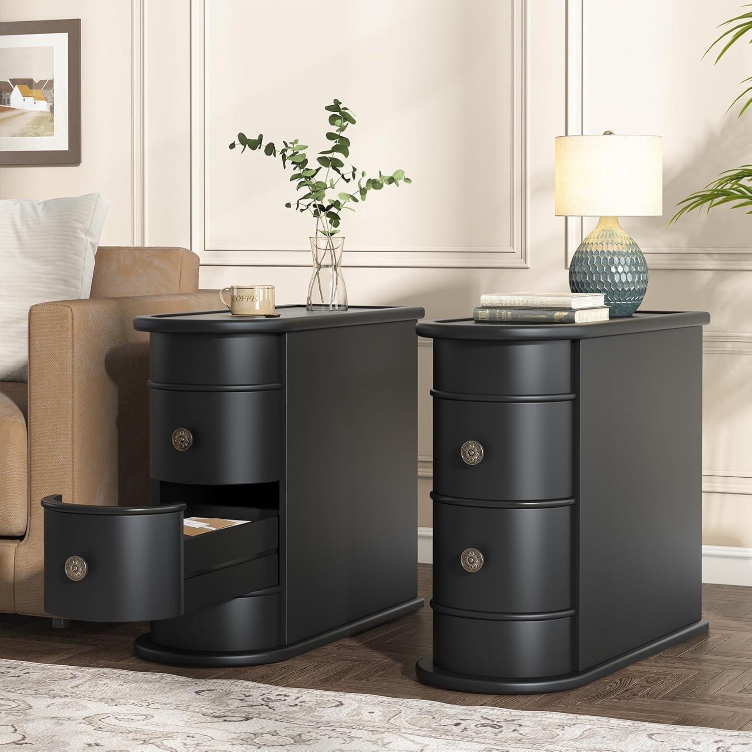 Hommoo Wood Narrow Nightstand with 2 Drawers Black
