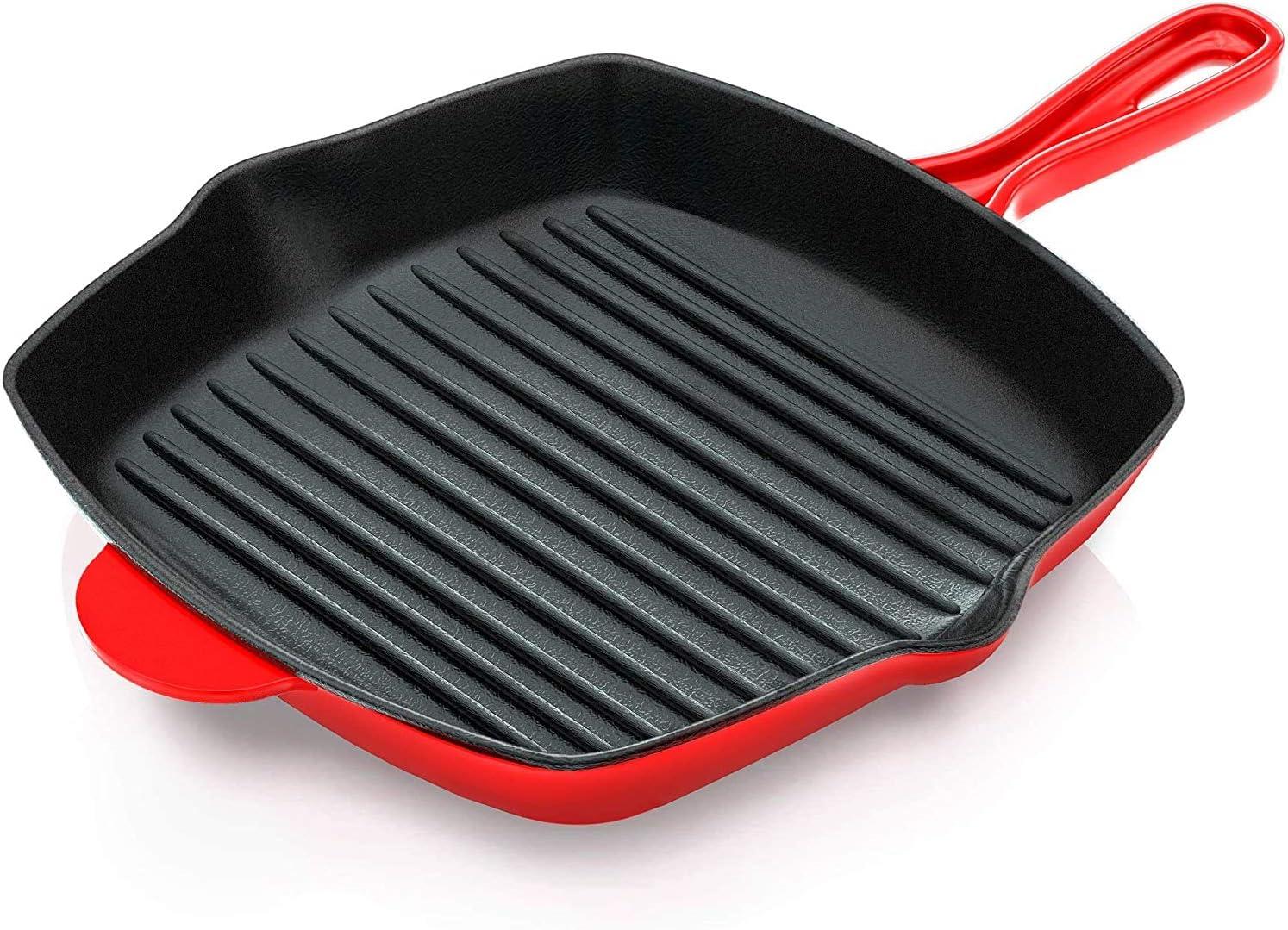 NutriChef 11 Inch Square Nonstick Cast Iron Skillet Griddle Grill Pan with Porcelain Enamel Coating, Side Pour Spouts, and Ridged Interior, Red