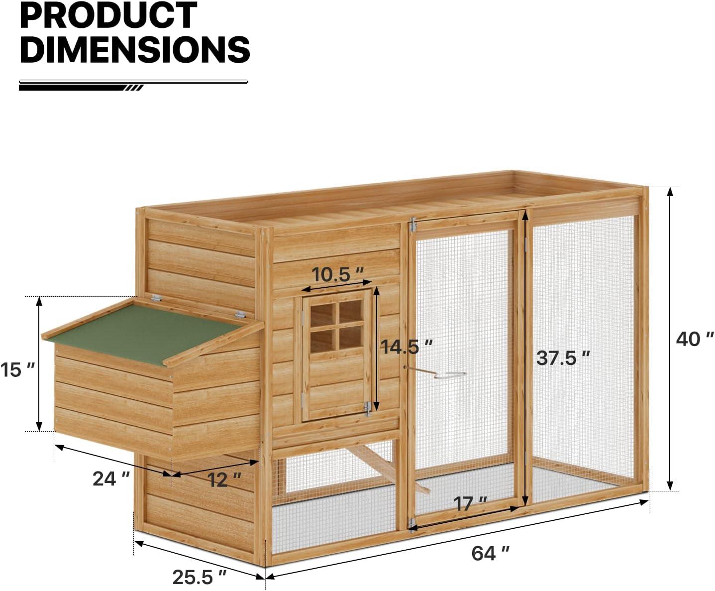 MoNiBloom Outdoor Chicken Coop with Nesting Box, Outdoor Hen Run House with Slide-Out Tray and Sliding Door, Weatherproof Poultry Cage, Rabbit Hutch, Wood Duck House (Natural)
