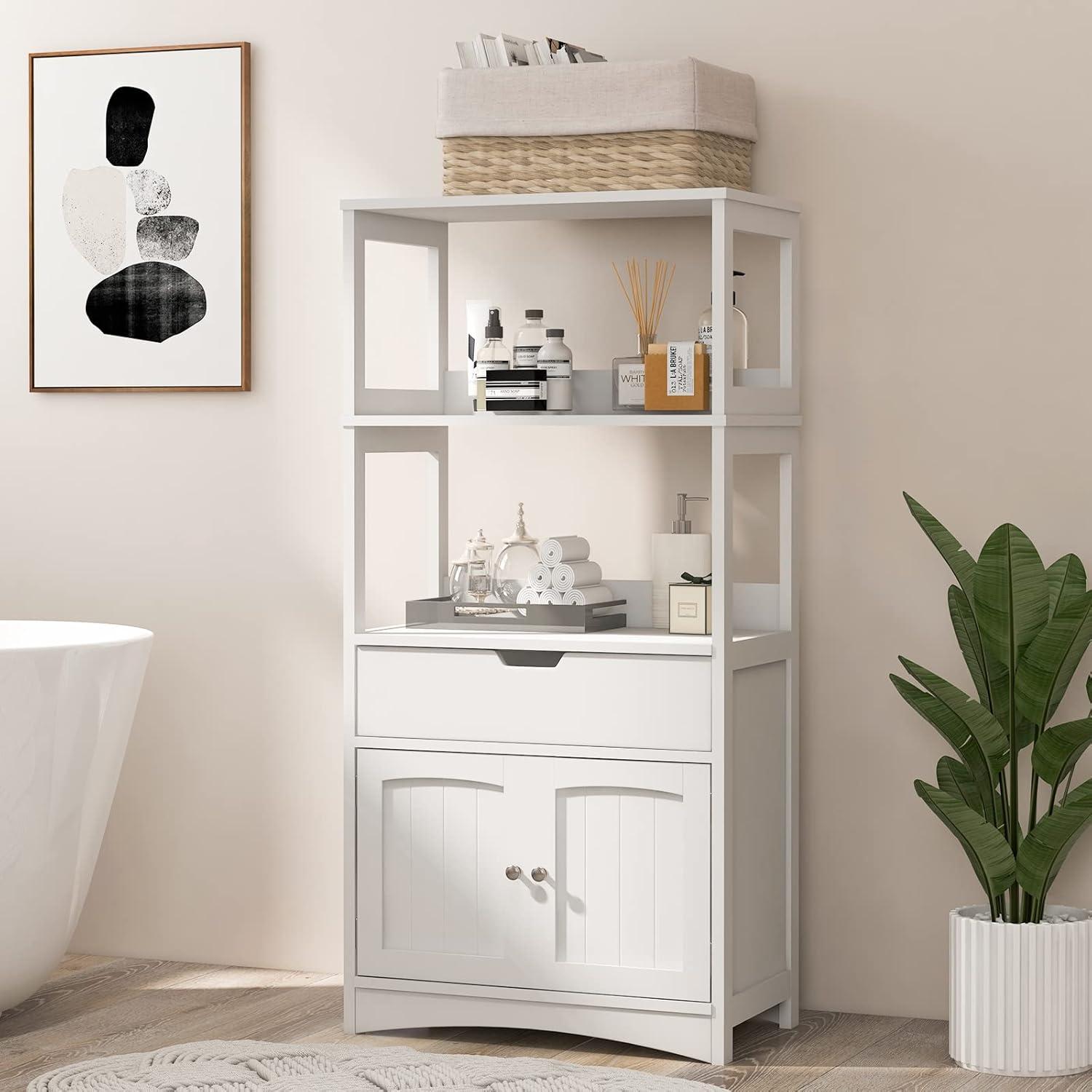 White Painted Engineered Wood Freestanding Cabinet with Shelves