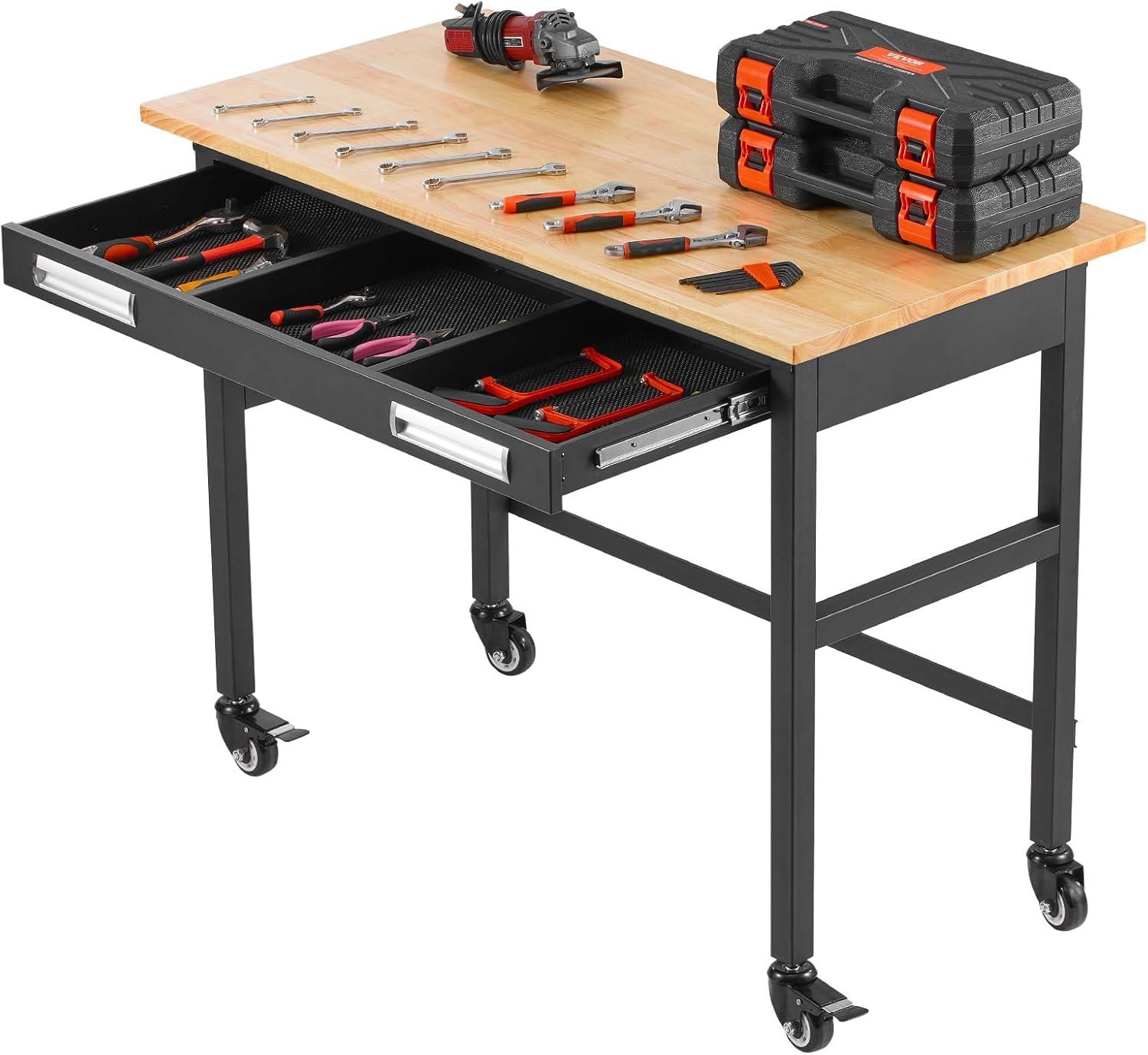 VEVOR Workbench, 48-inch Garage Workbench with Drawer Storage & Wheels, 1500 lbs Load Capacity Workshop Bench on Wheels, Heavy Duty Oak Wood Top Work Table for Garage, Workshop, Office, and Home