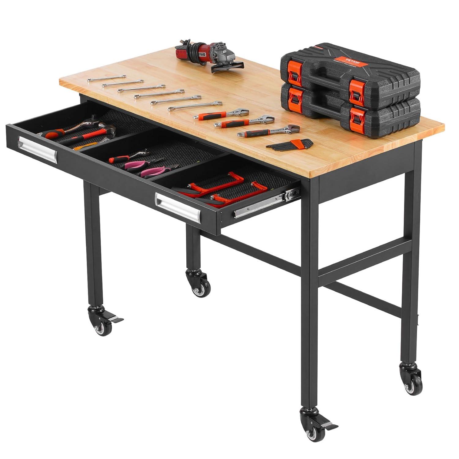 VEVOR Workbench, 48-inch Garage Workbench with Drawer Storage & Wheels, 1500 lbs Load Capacity Workshop Bench on Wheels, Heavy Duty Oak Wood Top Work Table for Garage, Workshop, Office, and Home