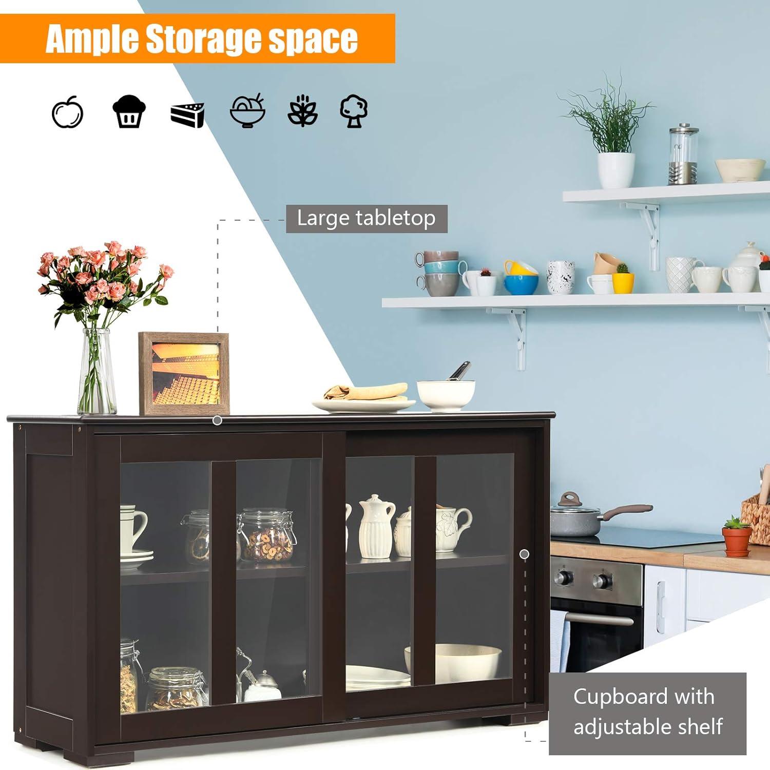 Kepooman Sideboard Buffet, Kitchen Storage Cabinet,Sideboard Buffet Cupboard Storage Cabinet with Sliding Door-Brown