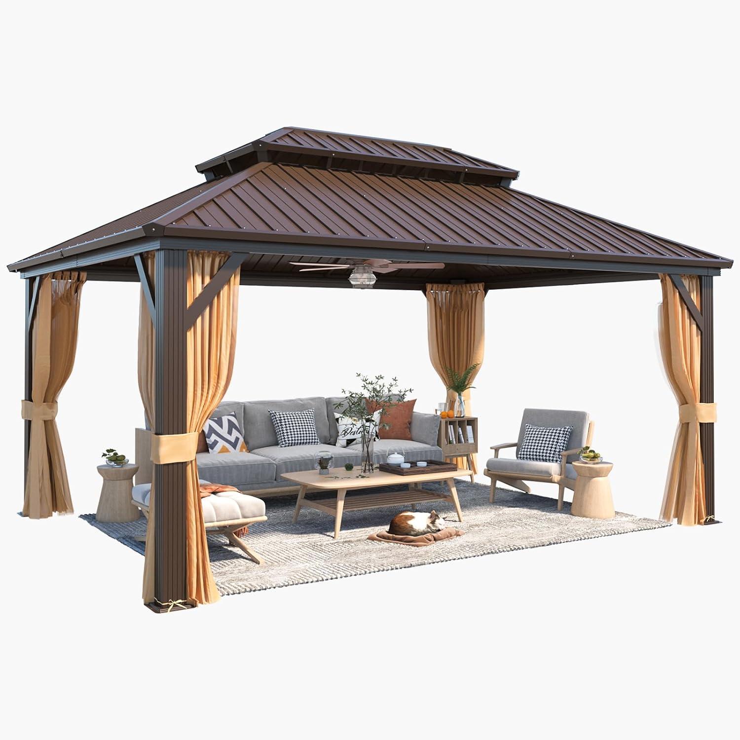 Erommy Outdoor Galvanized Steel Roof Gazebo Pergola w Wooden Coated Alumninum Frame, Privacy Curtains and Nettings Include Ultra Thick 12' x 16'