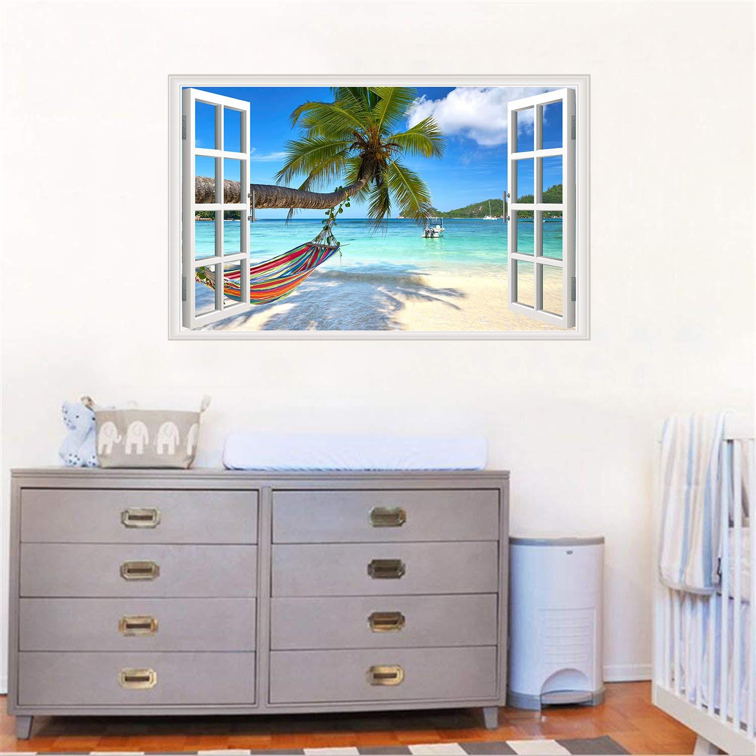 Beach Seascape Window Wall Sticker Palm Tree and Hammock Fake Window Wall Decals Removable Tropical Sea Window View Wall Stickers Decal for Living Room
